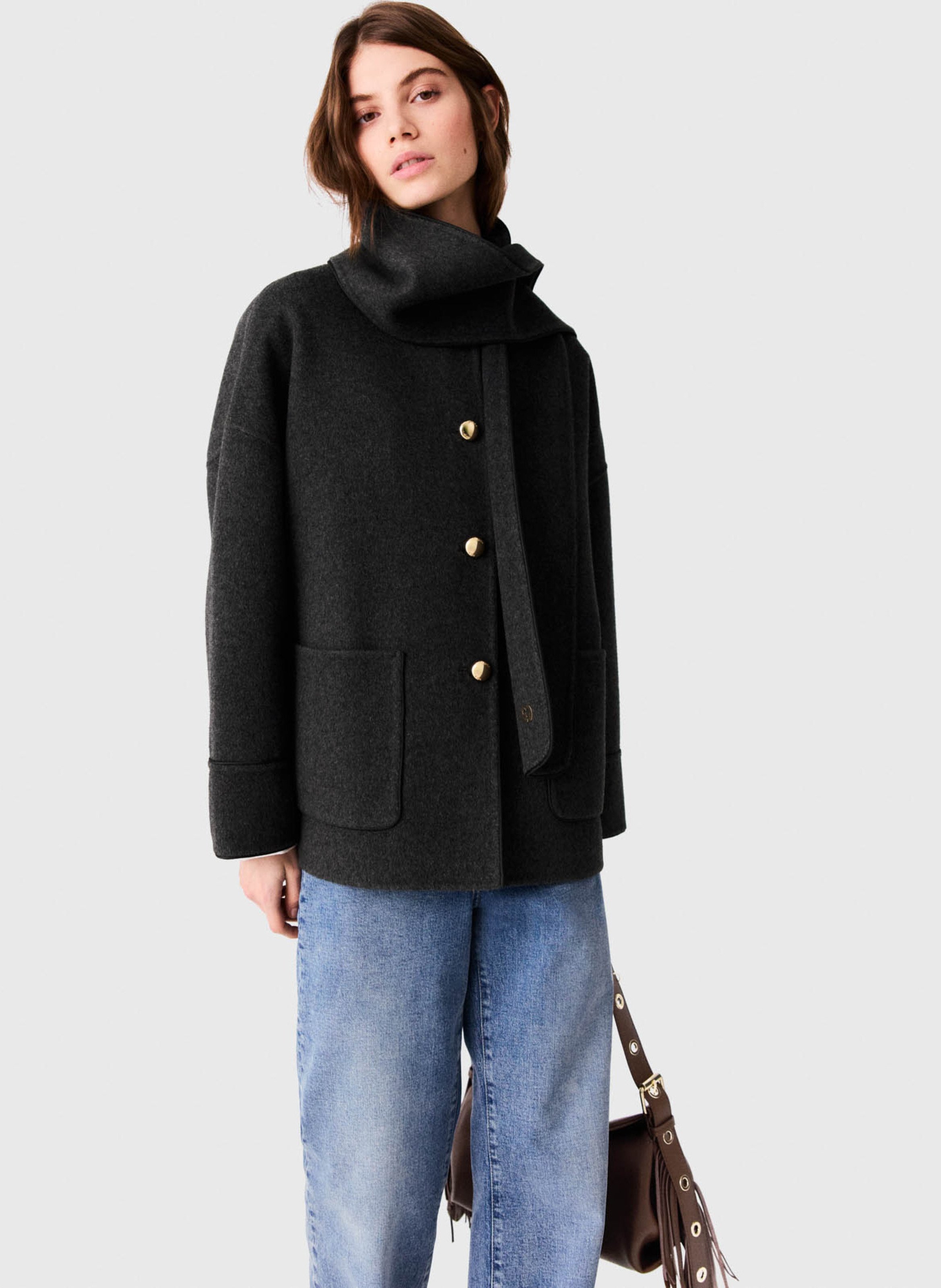 Manteau droit col classique avec écharpe amovible en laine mélangée MAJE Gris