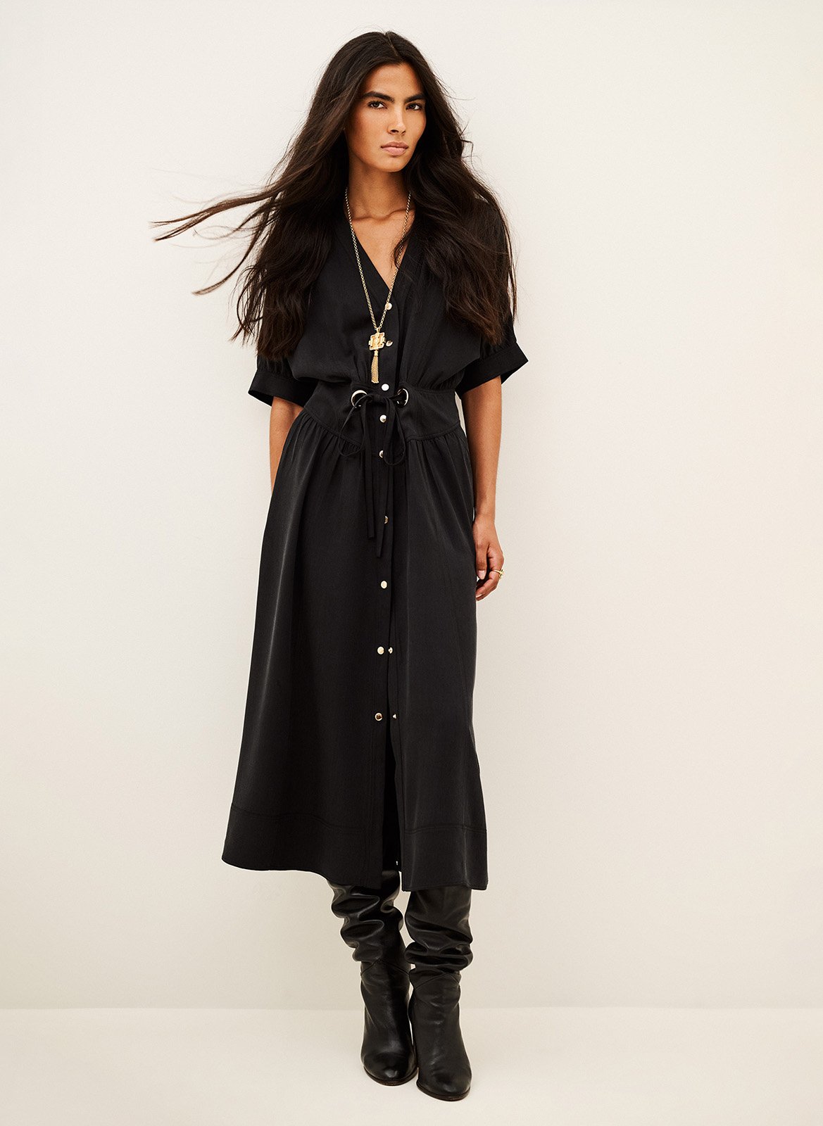 Robe chemise midi cintrée à manches courtes BA&SH