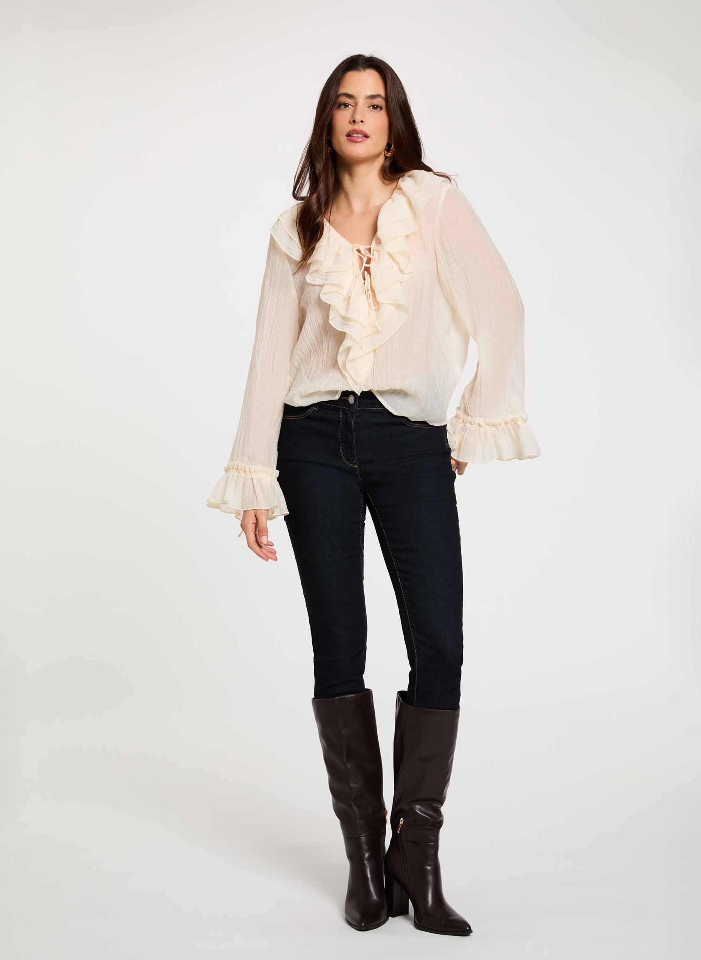 Blouse met V-hals en volants MORGAN Beige