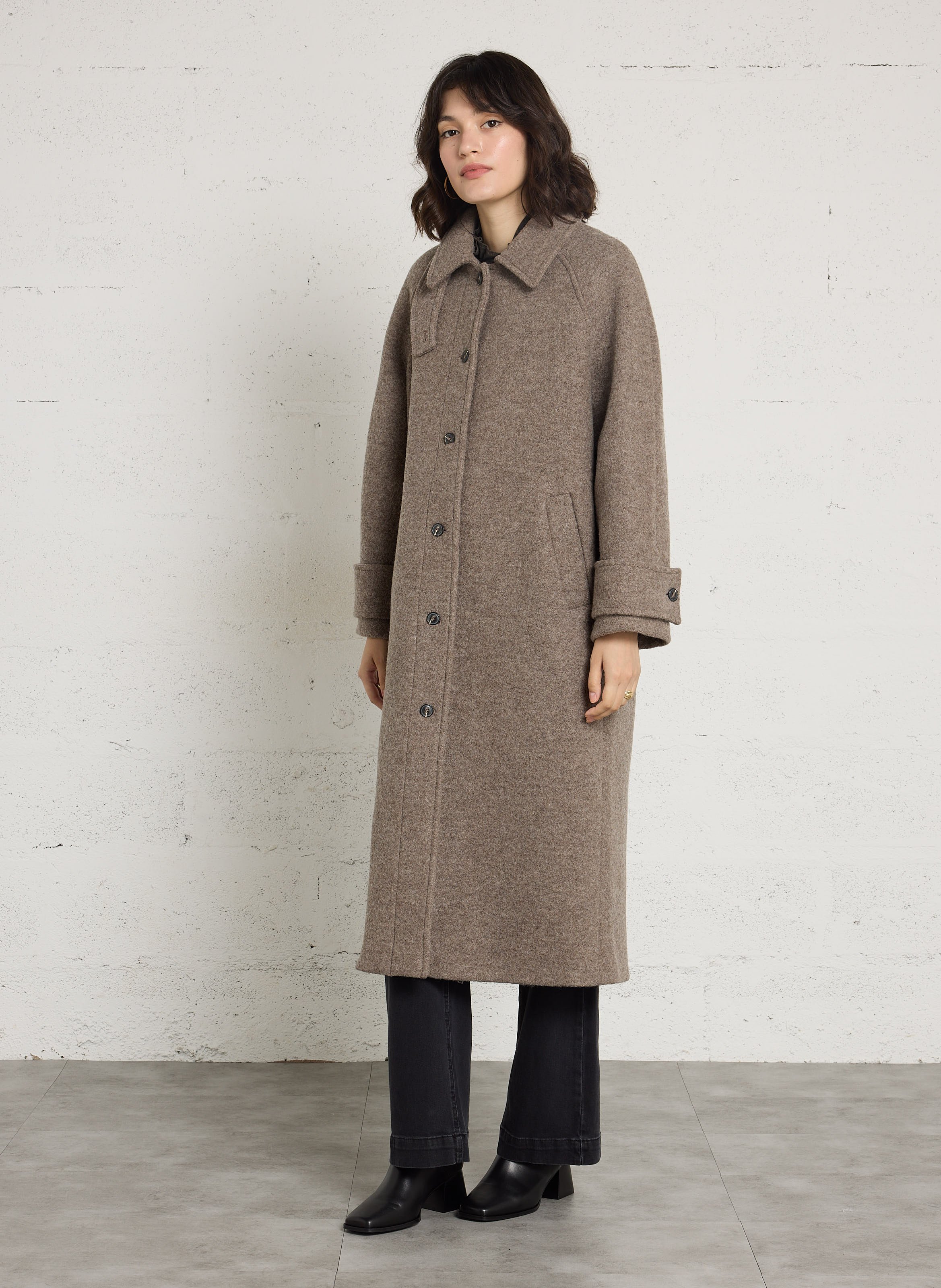 Manteau long et droit en laine DES PETITS HAUTS Beige