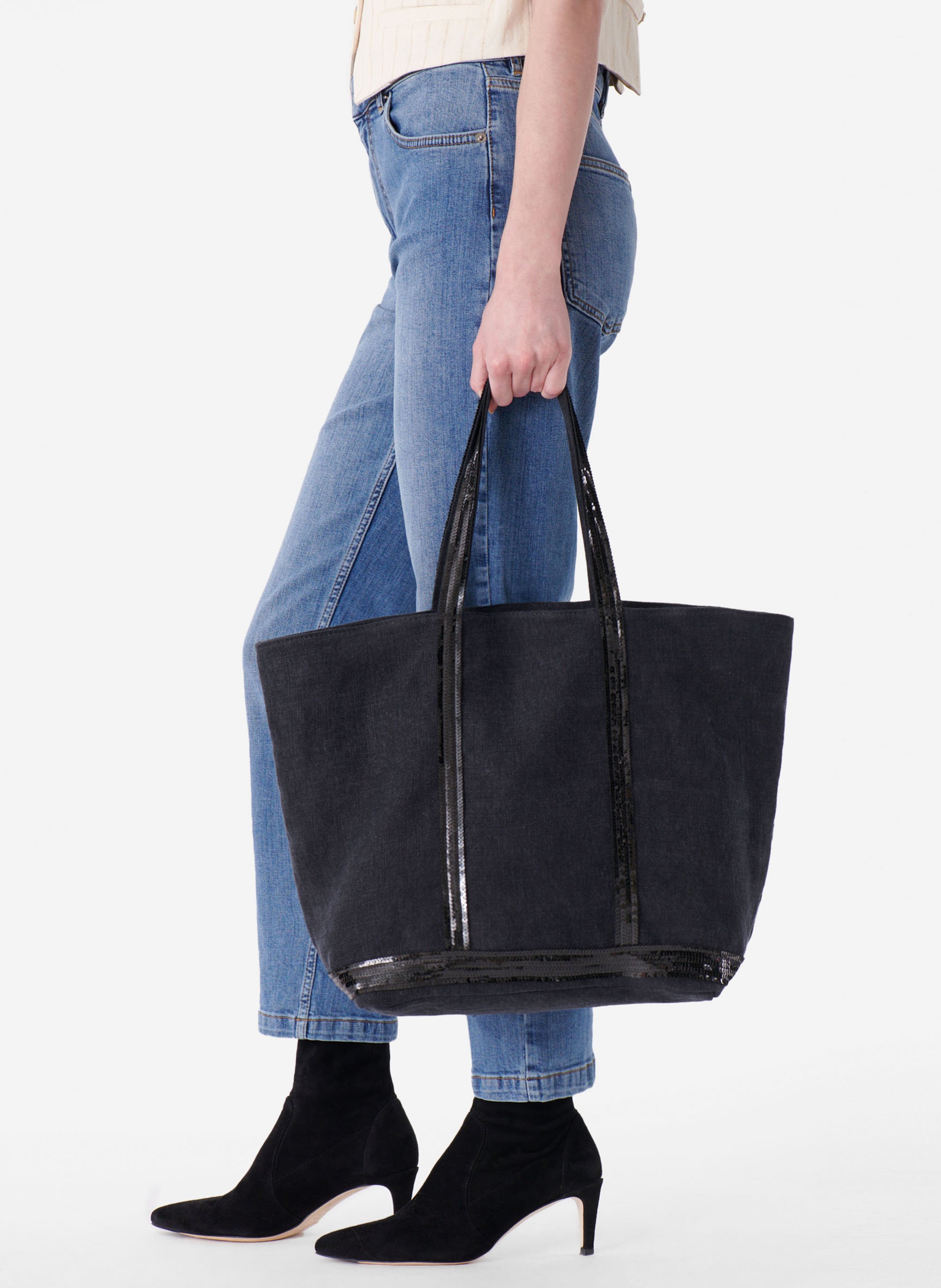 Sequin-embroidered linen tote bag VANESSA BRUNO Black