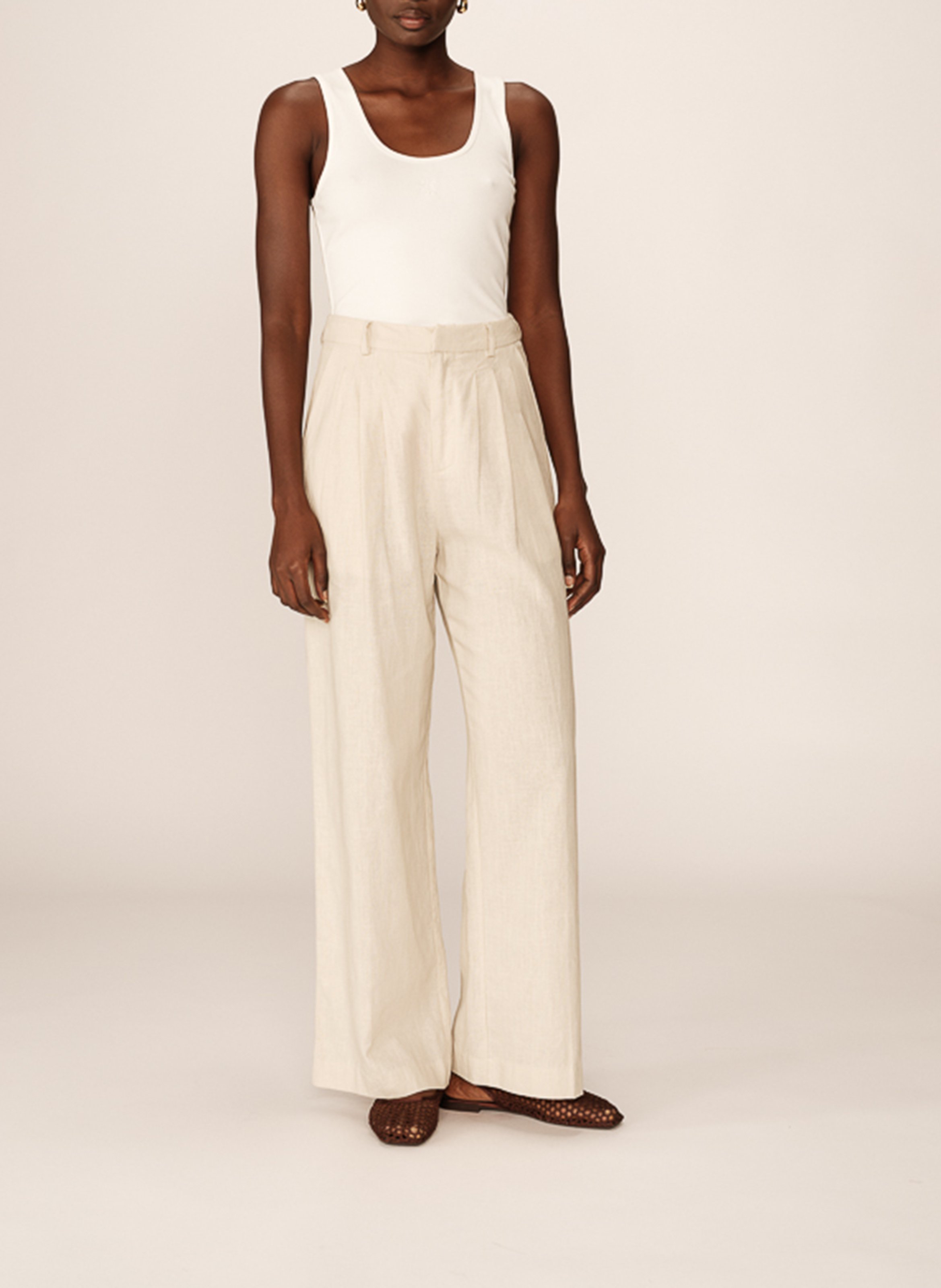 Weit geschnittene Hose aus Leinen-Mix Beige