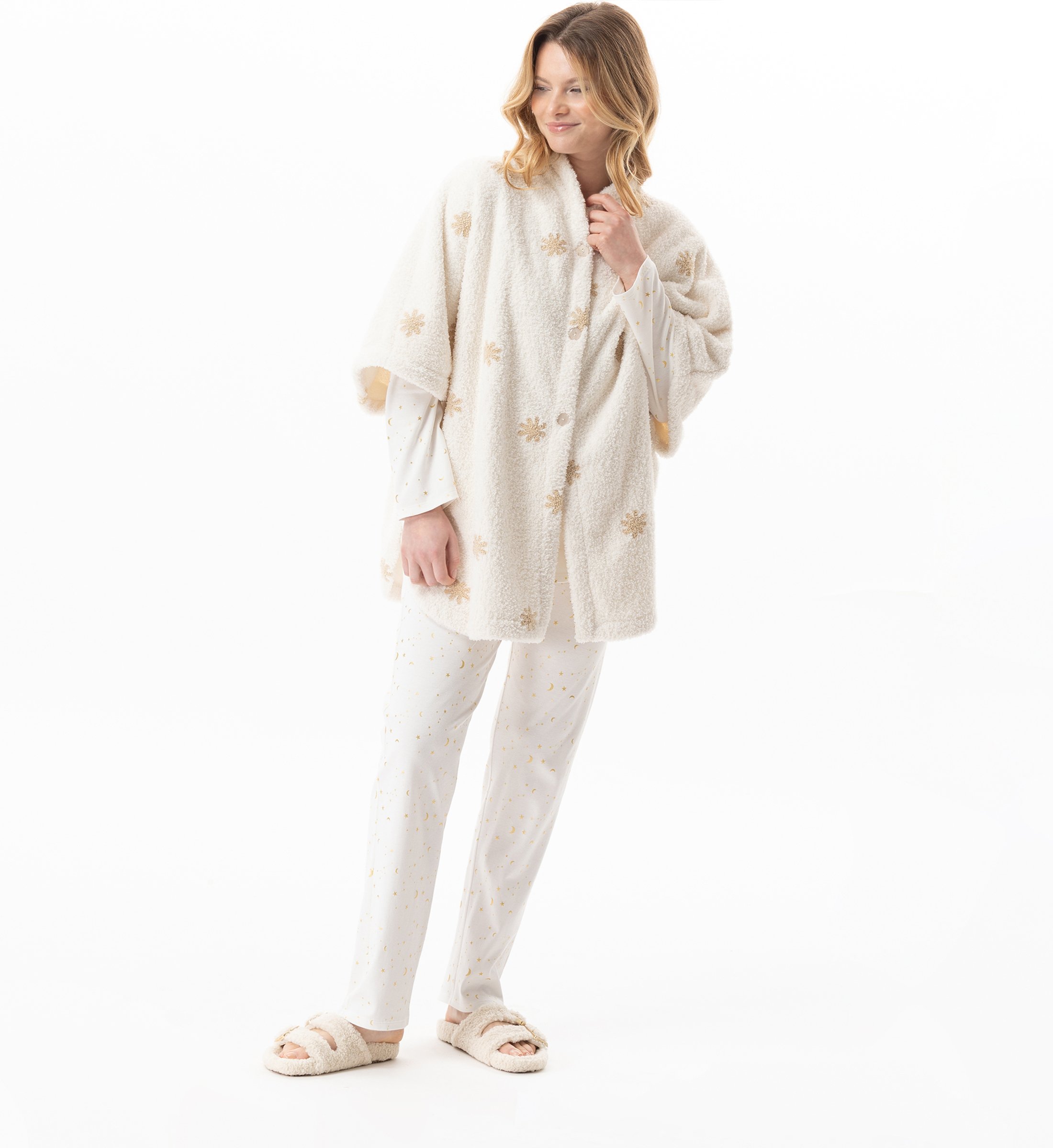 Buttoned patterned poncho LE CHAT White