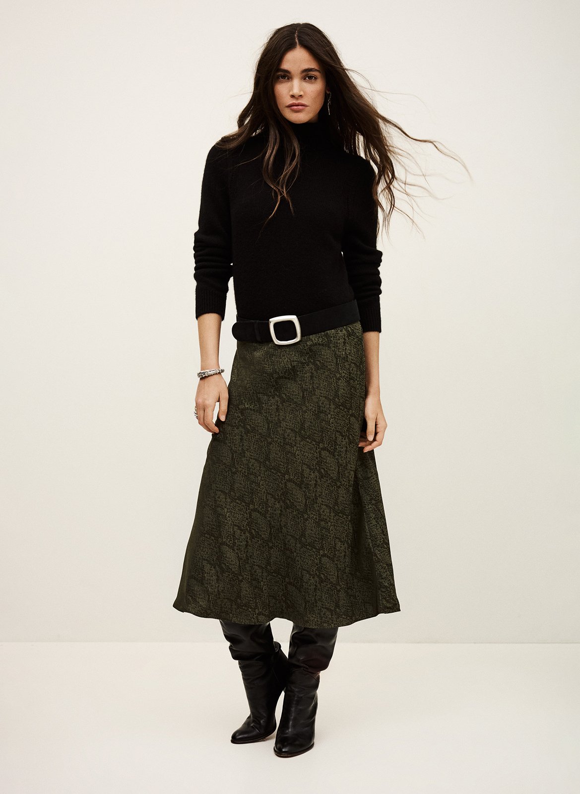 Jupe midi fluide jacquard python BA&SH Kaki