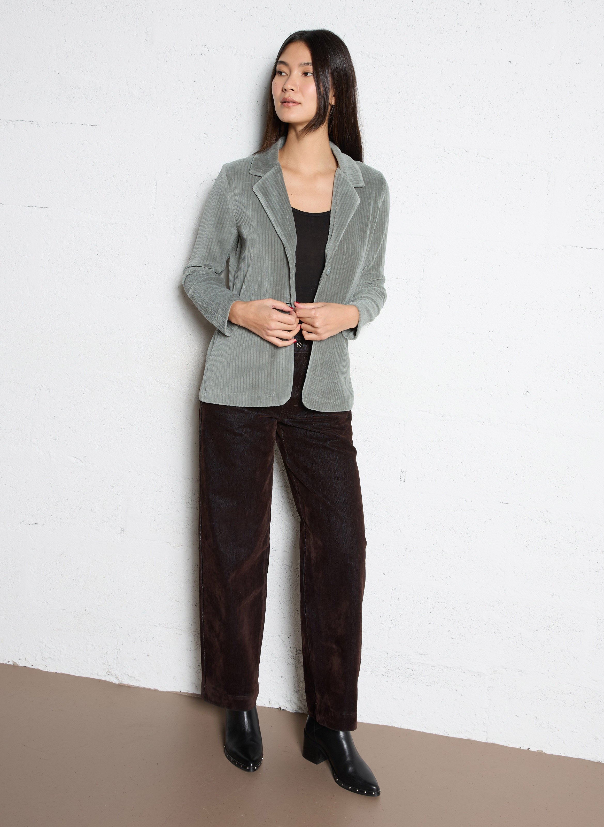 Veste droite col tailleur en velours côtelé NICE THINGS Vert