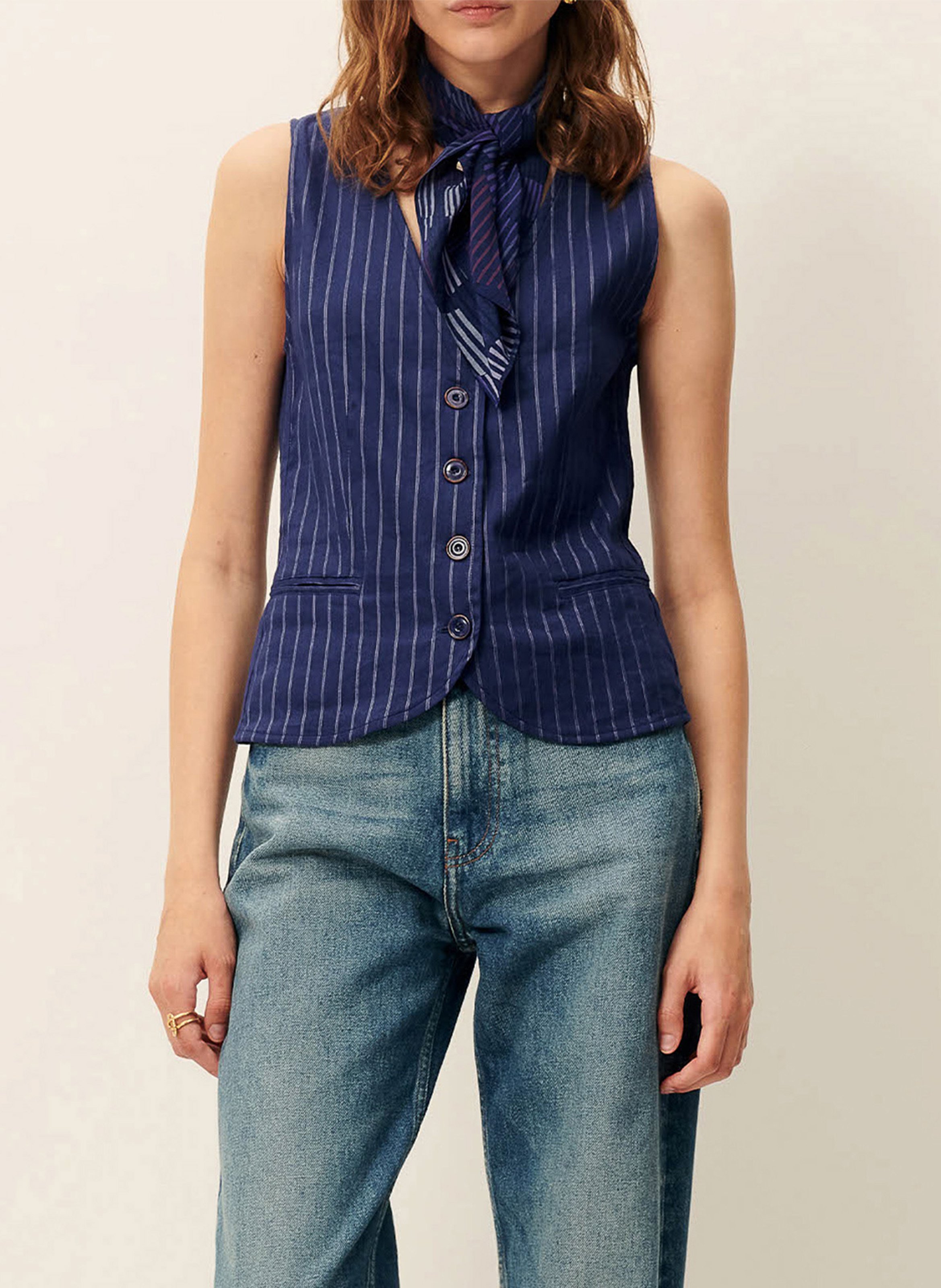 Cotton and lurex V-neck linen top SESSUN Blue