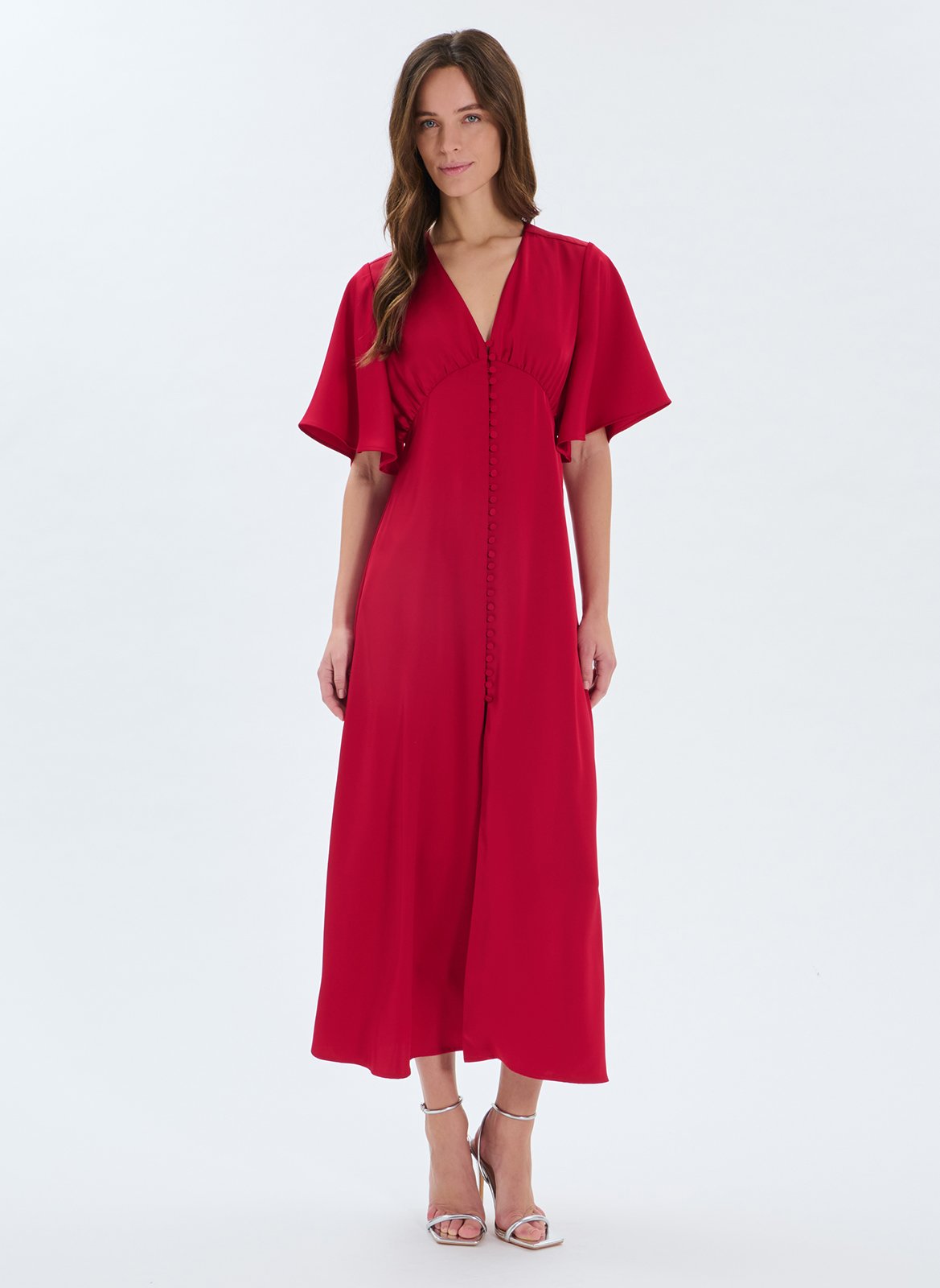 Langes, satiniertes Kleid mit V-Ausschnitt Rot