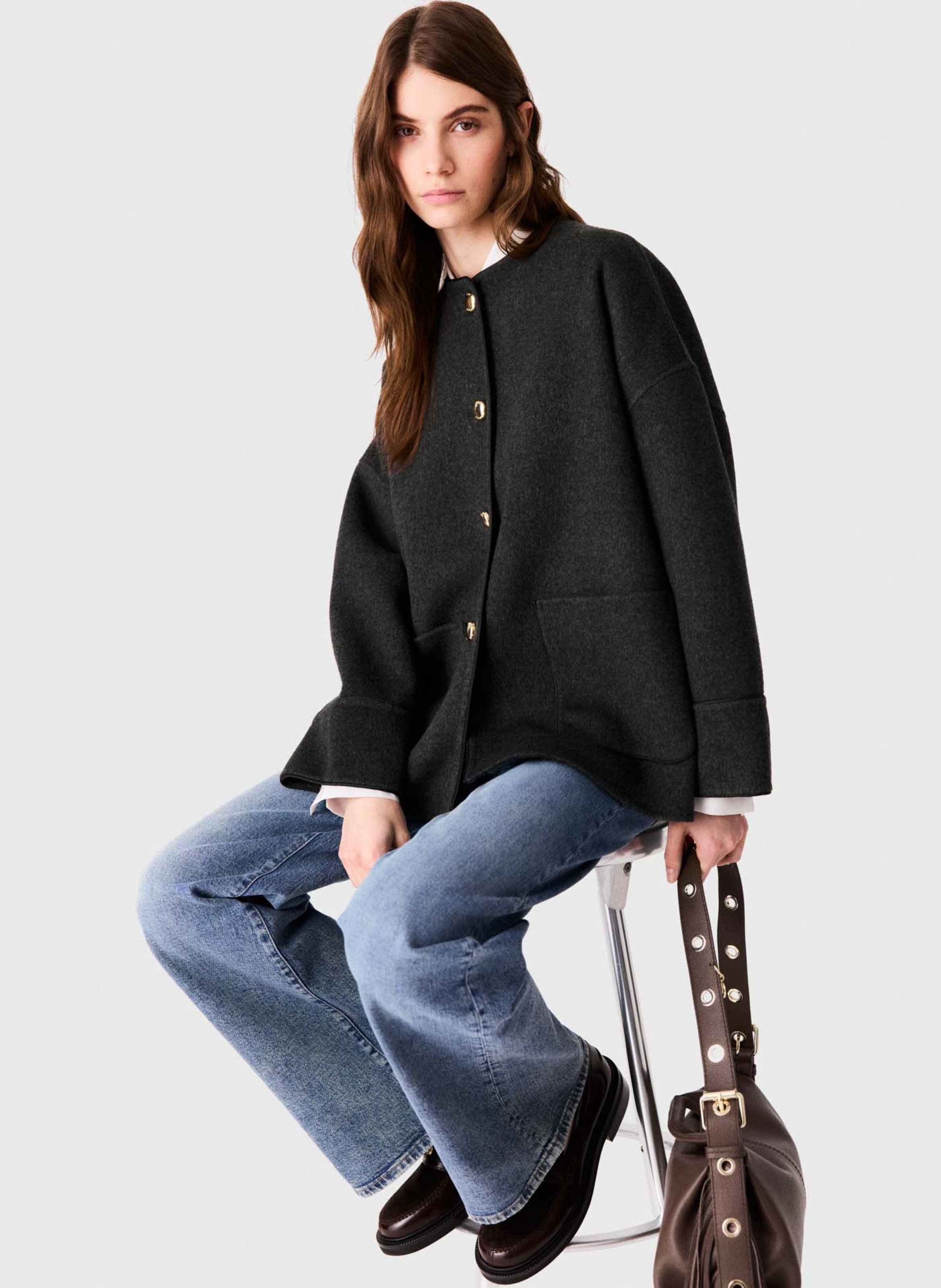 Manteau droit col classique avec écharpe amovible en laine mélangée MAJE Gris