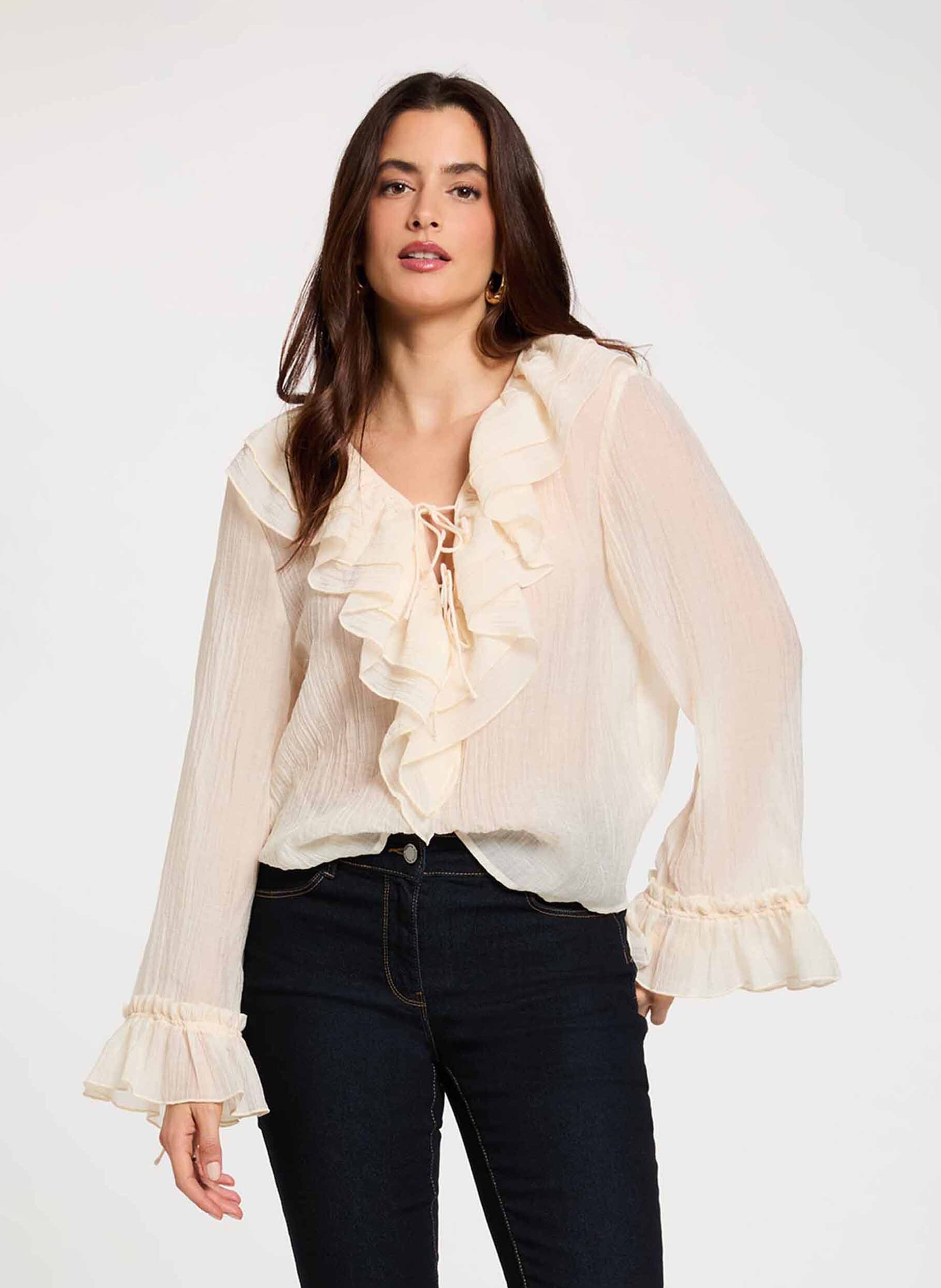 Blouse met V-hals en volants MORGAN Beige