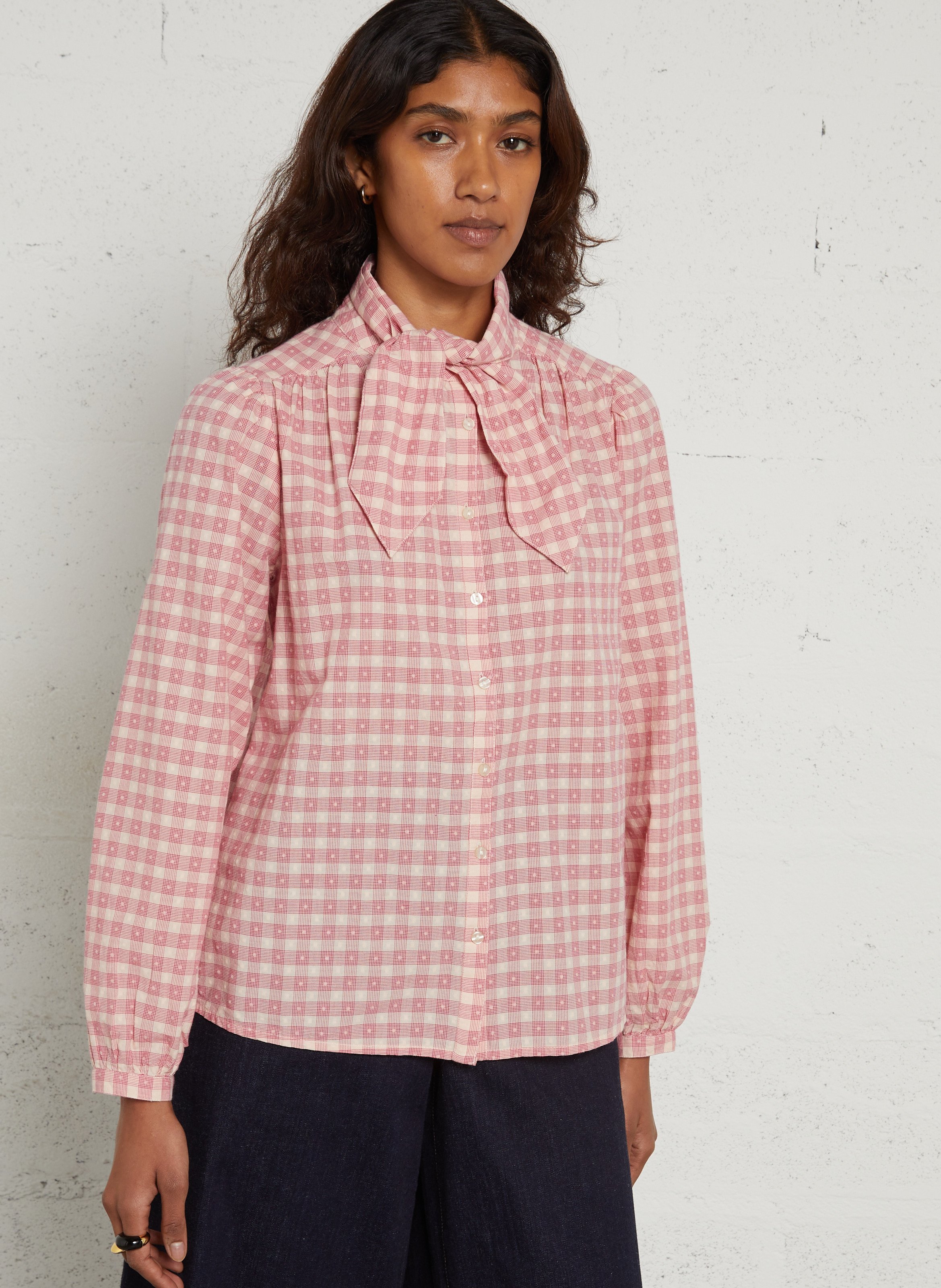 Chemisier droit col lavallière à carreaux en coton MAISON 123 Rose