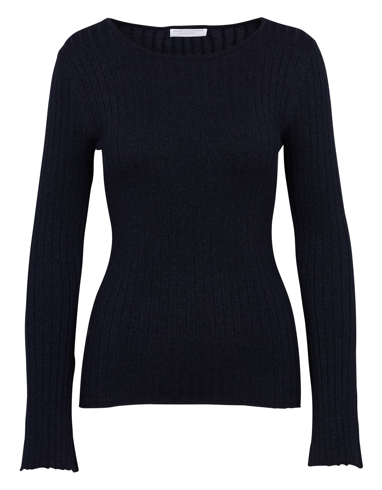 Fitted round neck sweater in metallic knit  Metal navy