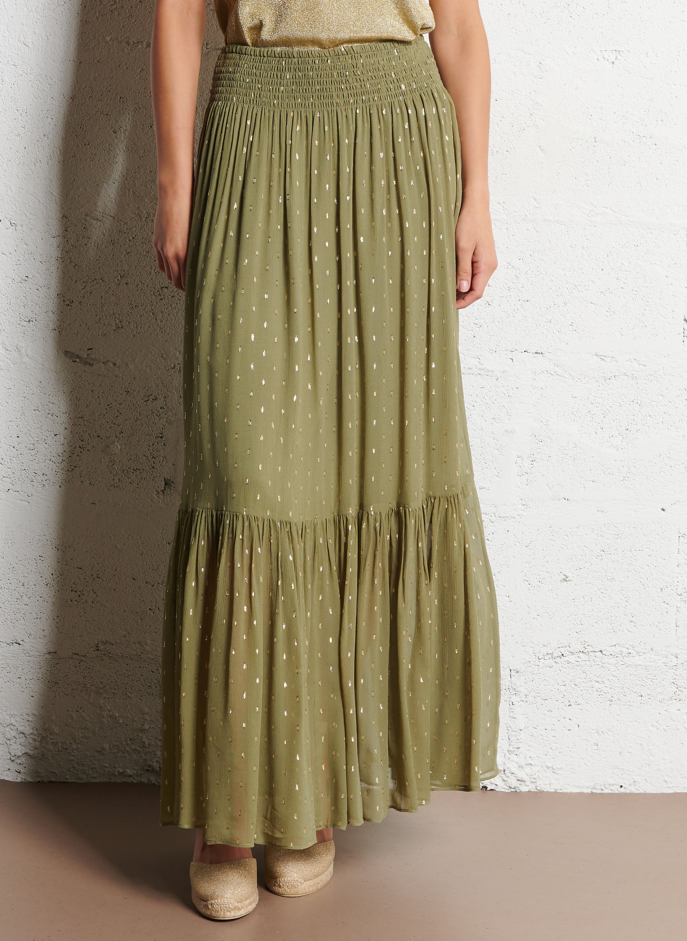 Jupe longue évasée à motifs brillants BA&SH Kaki
