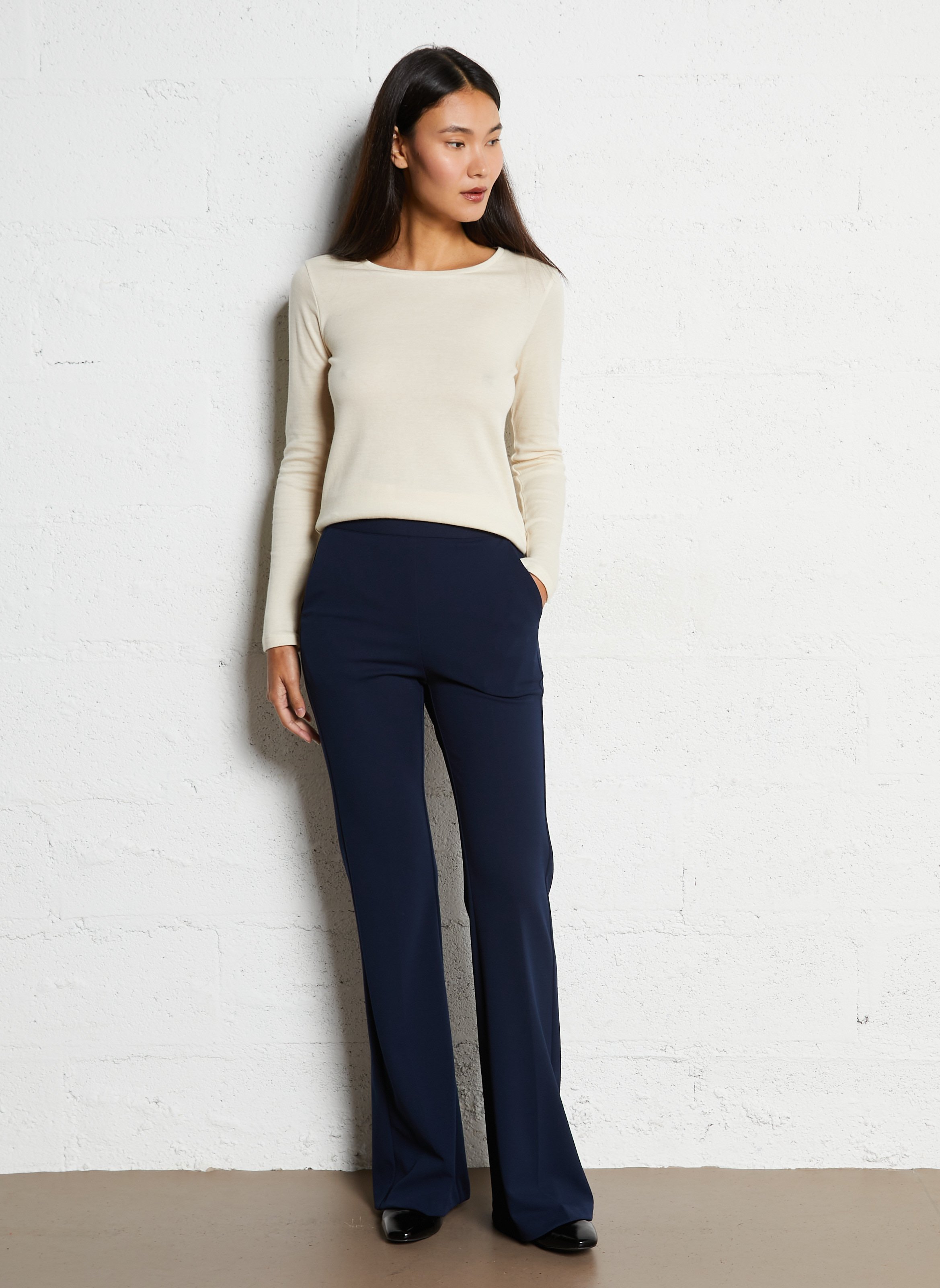 Tee-shirt cintré col rond en coton bio et cachemire MAJESTIC FILATURES Beige