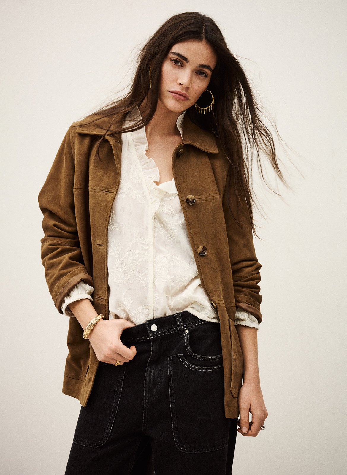 Veste droite col classique en cuir velours BA&SH Marron