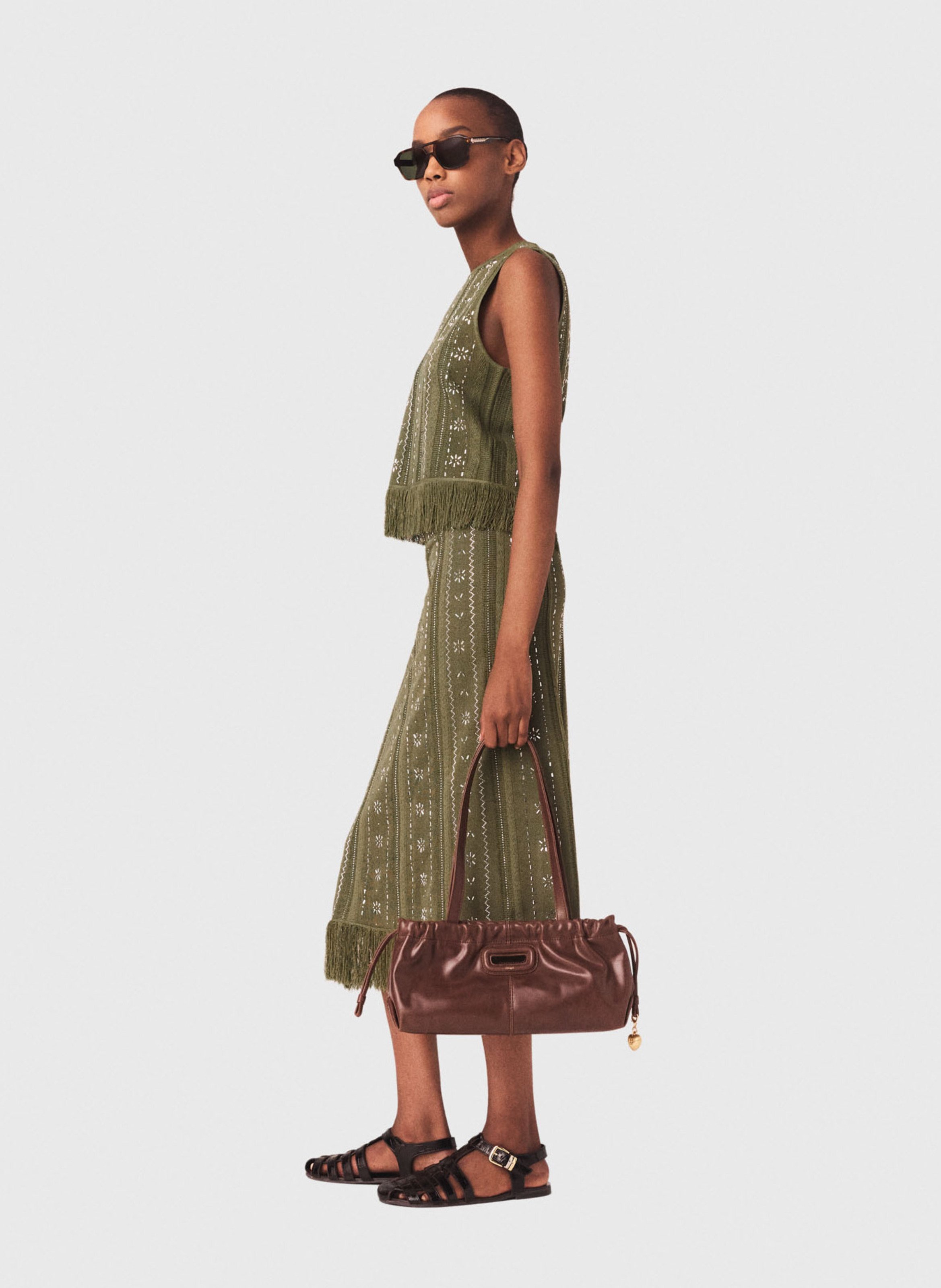 Rok van gebreide stof met strass bloemen MAJE Kaki