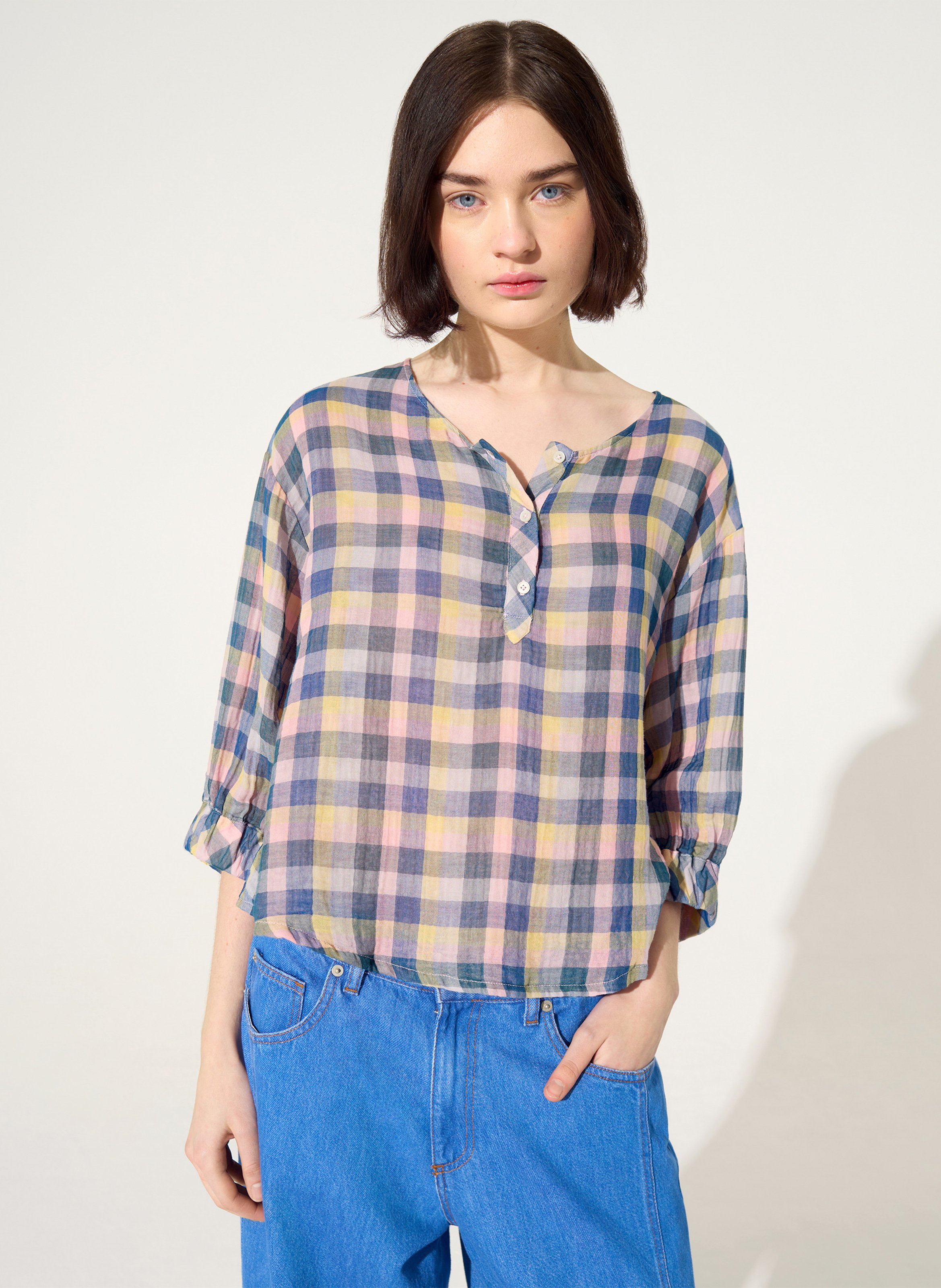 Blouse col bateau à carreaux COTELAC ACOTE Bleu