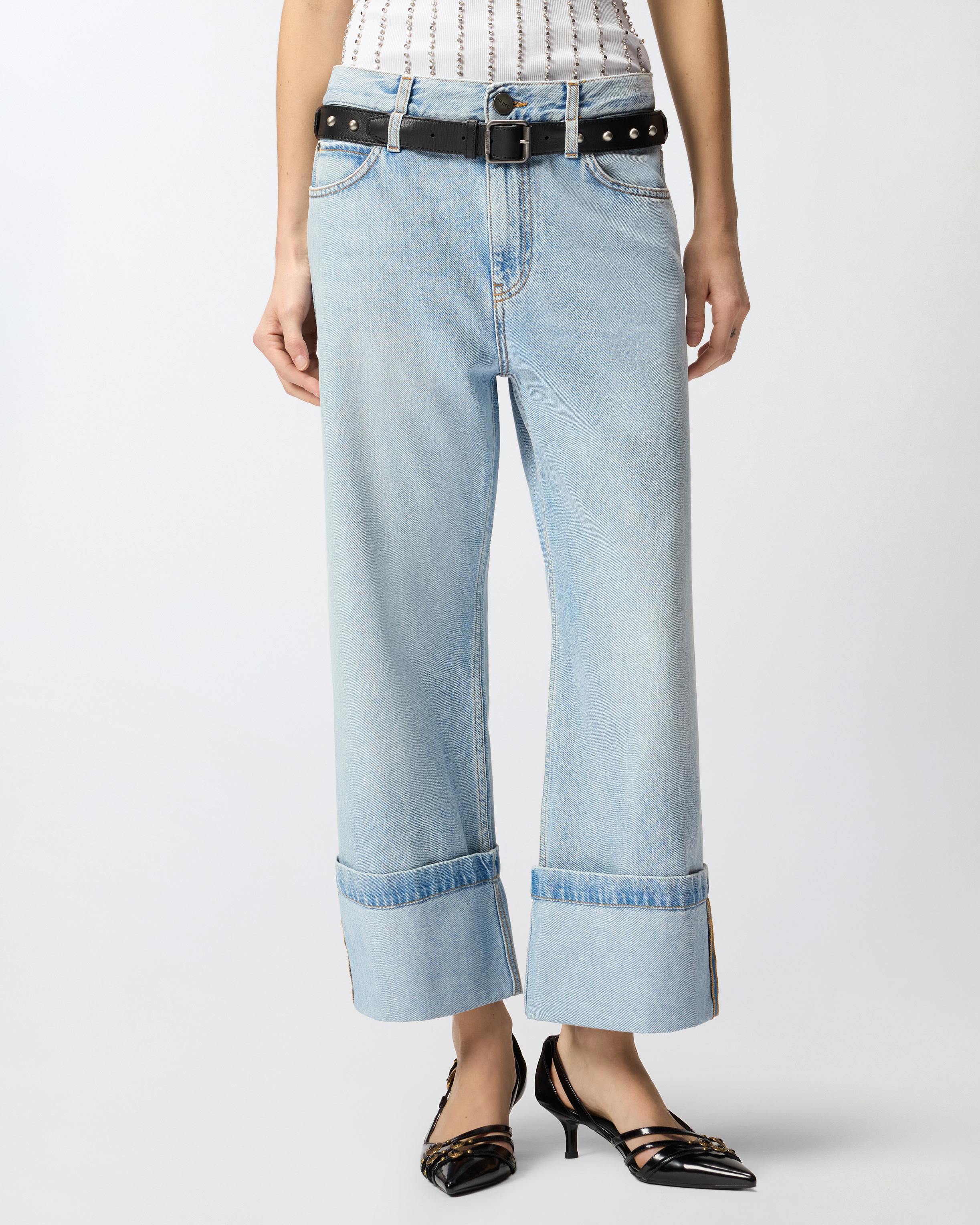 Jean cropped avec ceinture en cuir PINKO Bleu