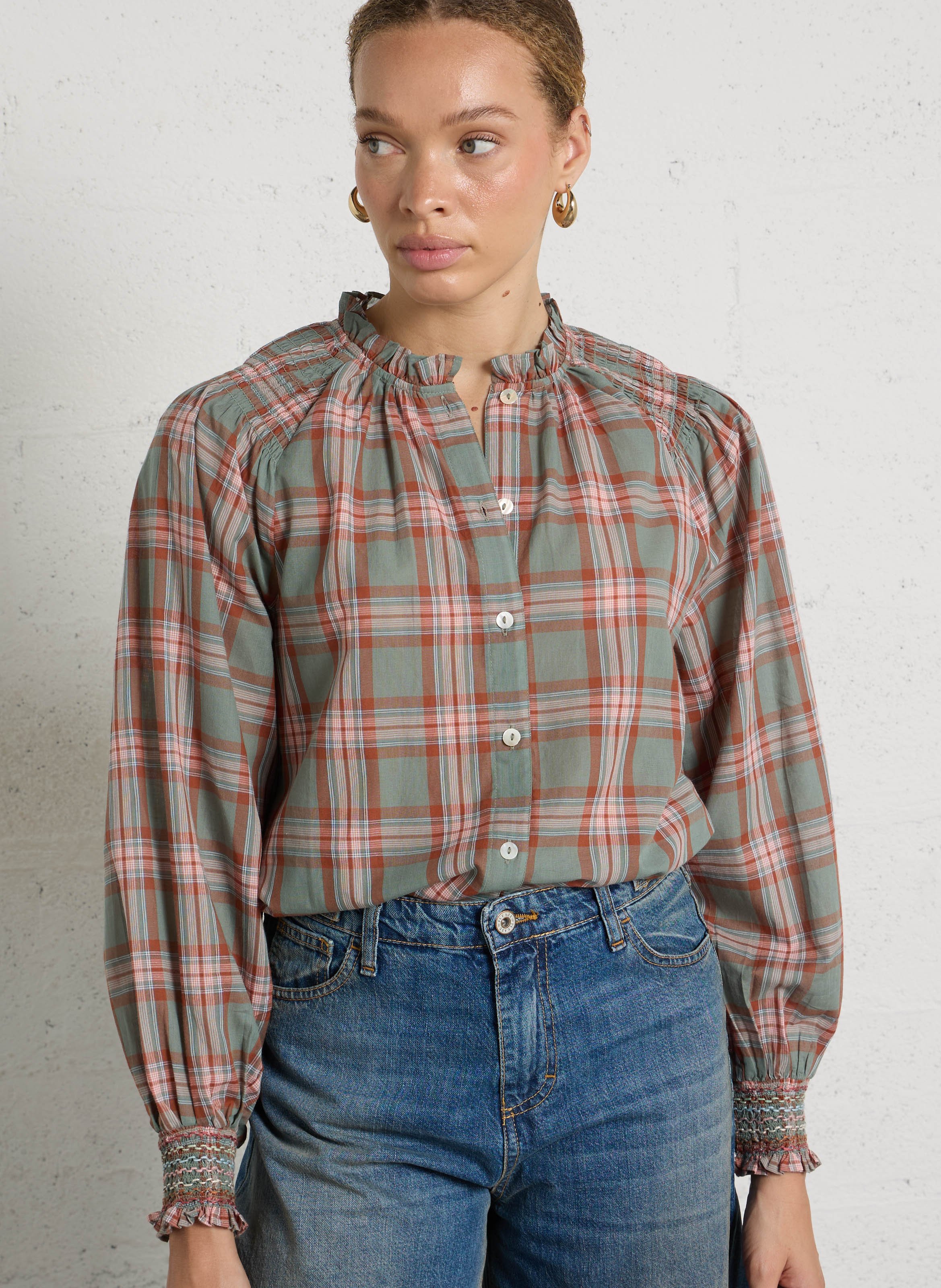 Straight shirt with high neck in printed cotton MAISON 123 Blue