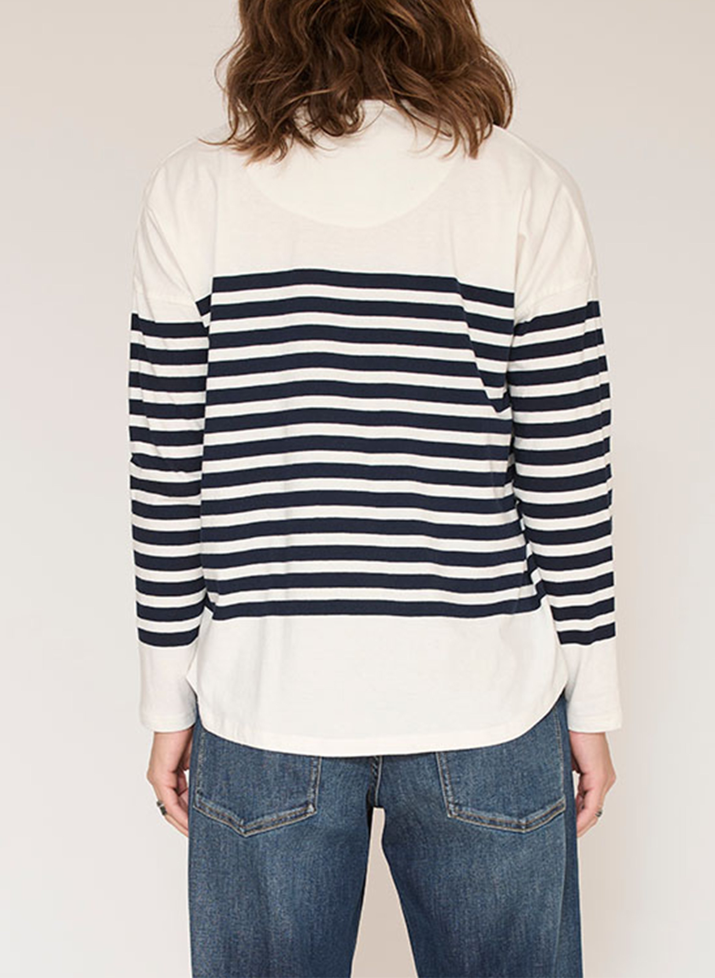 T-shirt droit col rond rayé et brodé en coton MKT Beige
