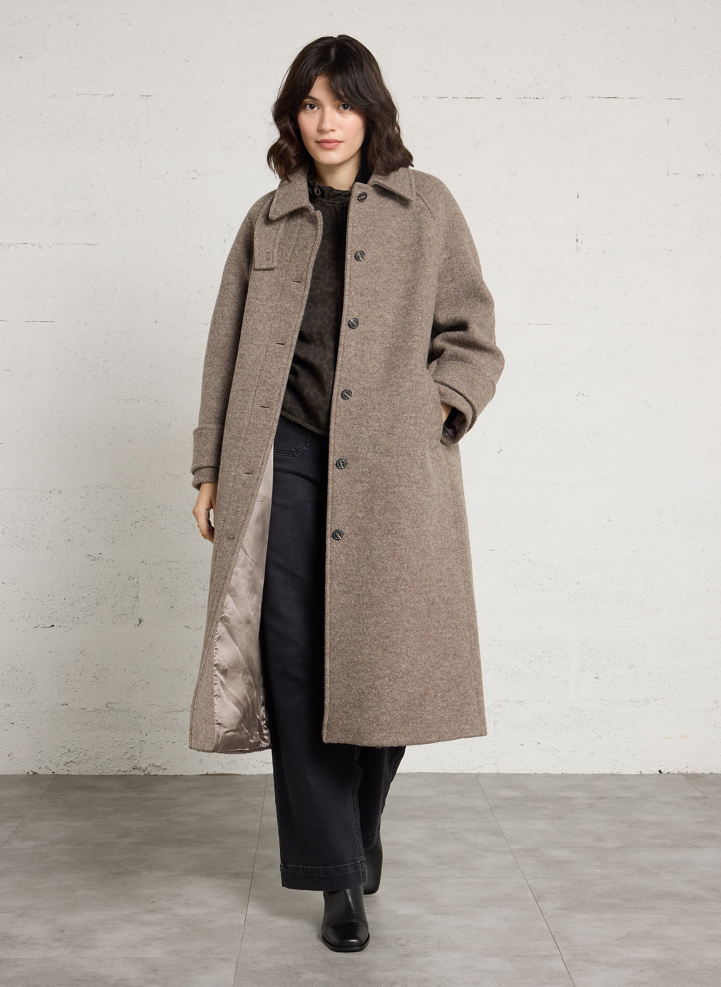 Manteau long et droit en laine DES PETITS HAUTS Beige