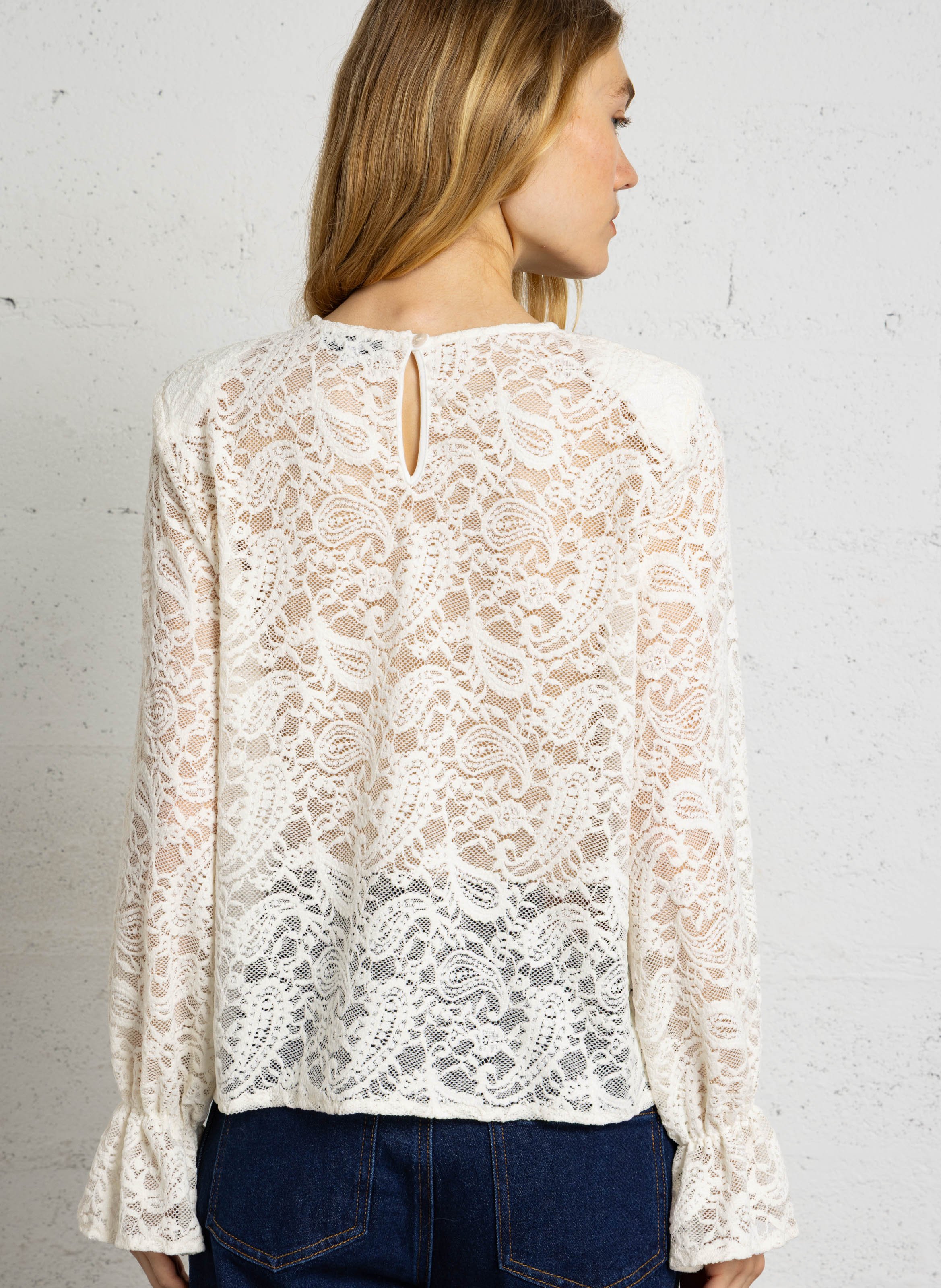 Top droit manches longues en dentelle PLEASE Beige