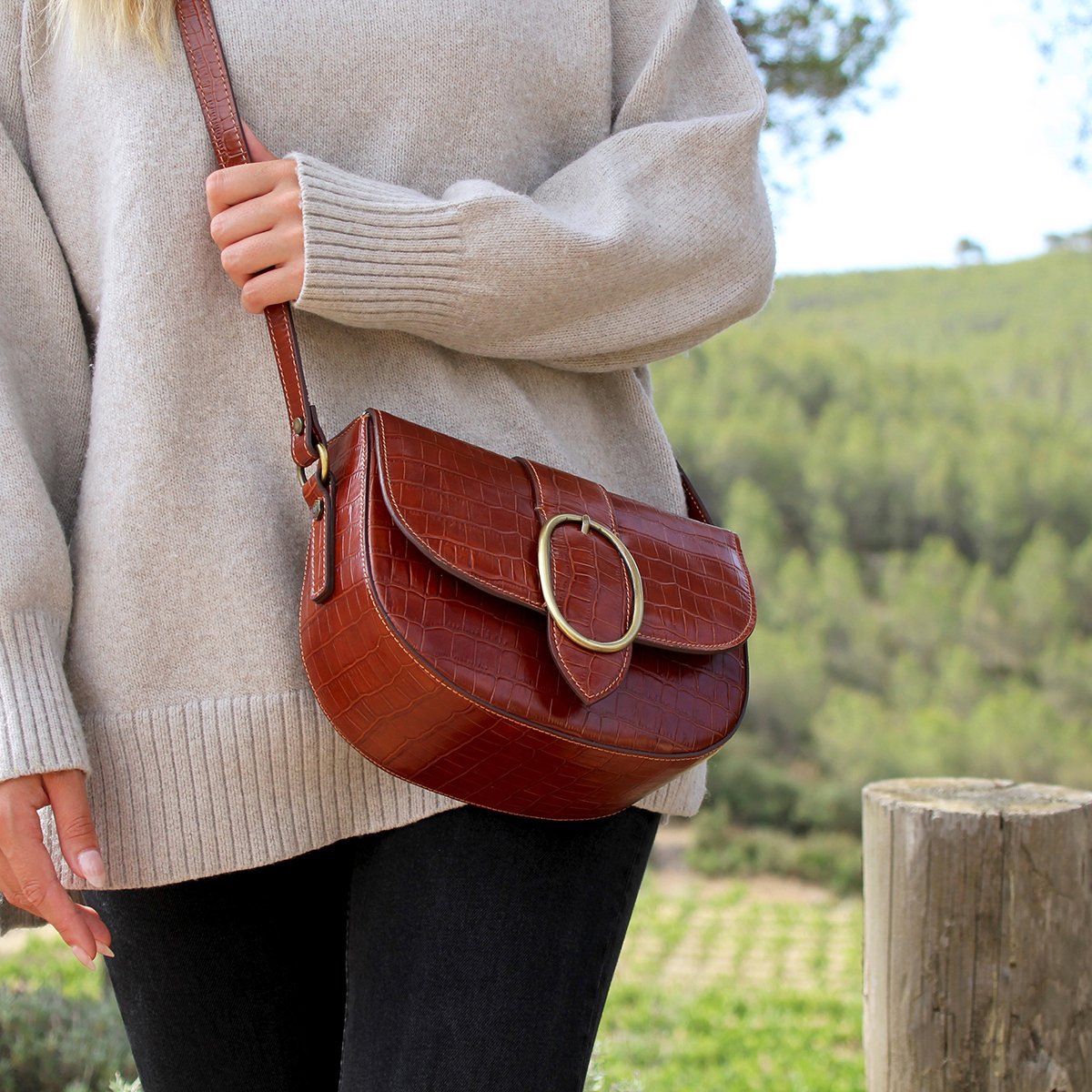 Sac boucle cuir imprimé croco JULES & JENN Marron