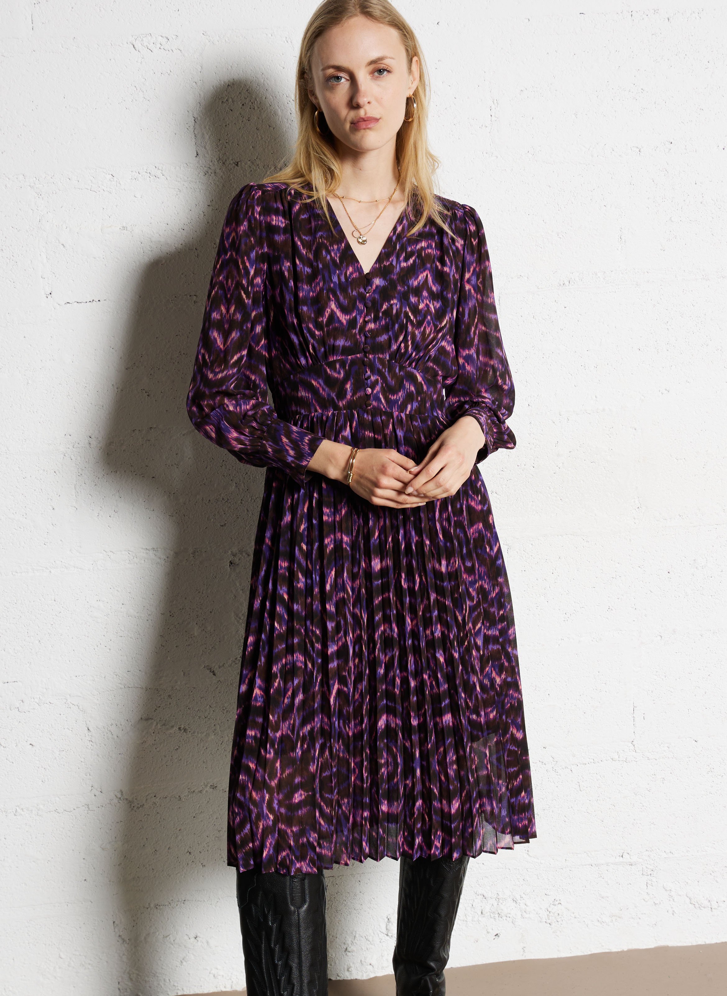 Pleated midi dress with patterns SUNCOO Purple