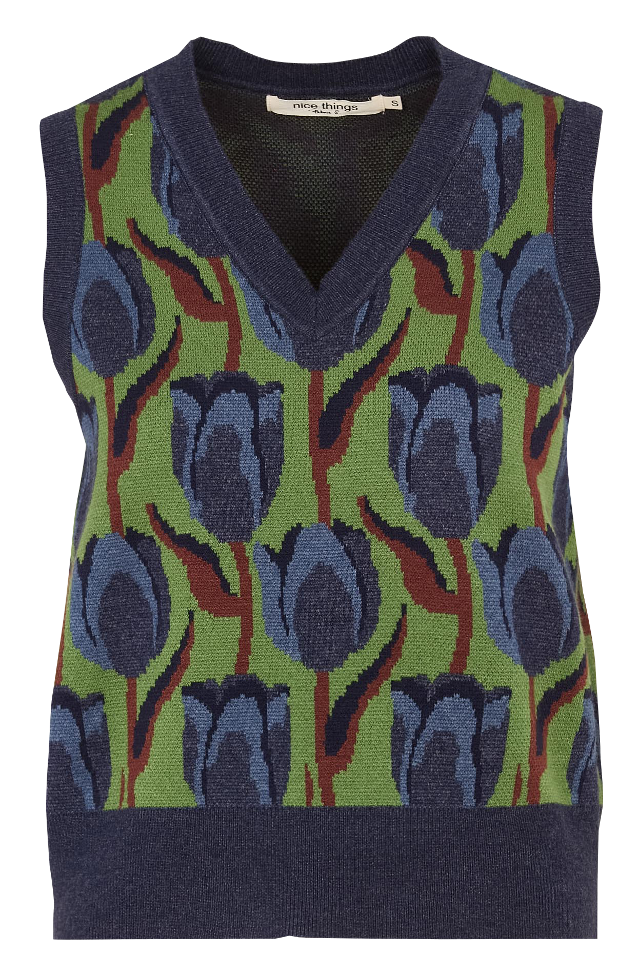 Pull sans manches col v à motifs tulipes NICE THINGS Vert