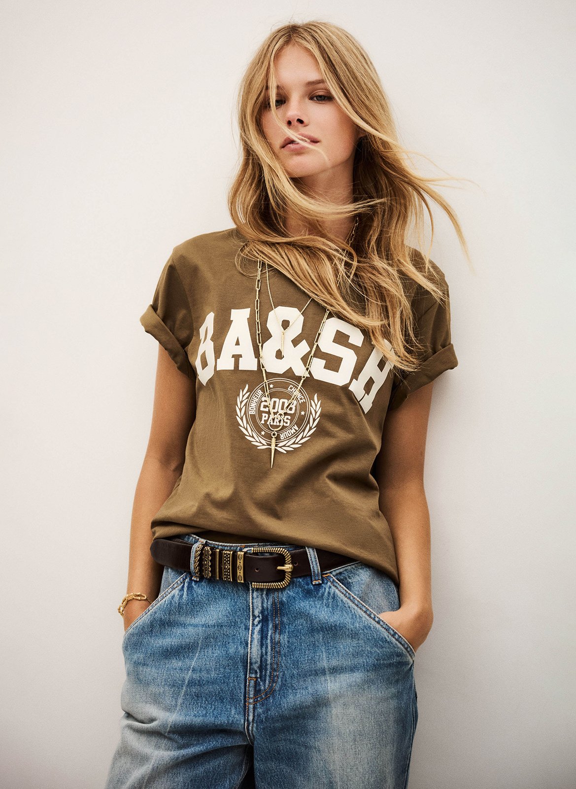 Recht, katoenen T-shirt met ronde hals en zeefdruk Bruin BA&amp;SH