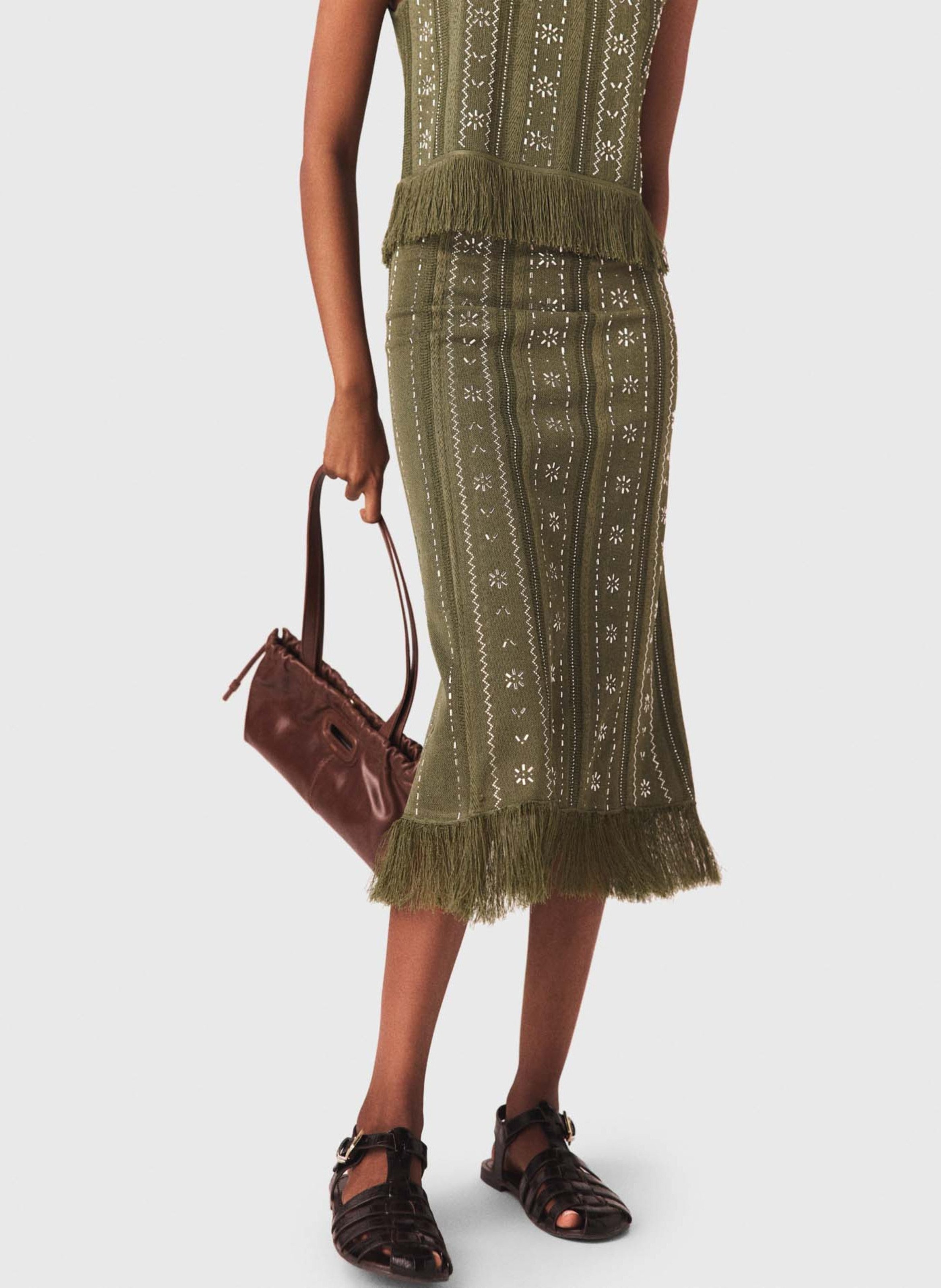 Rok van gebreide stof met strass bloemen MAJE Kaki