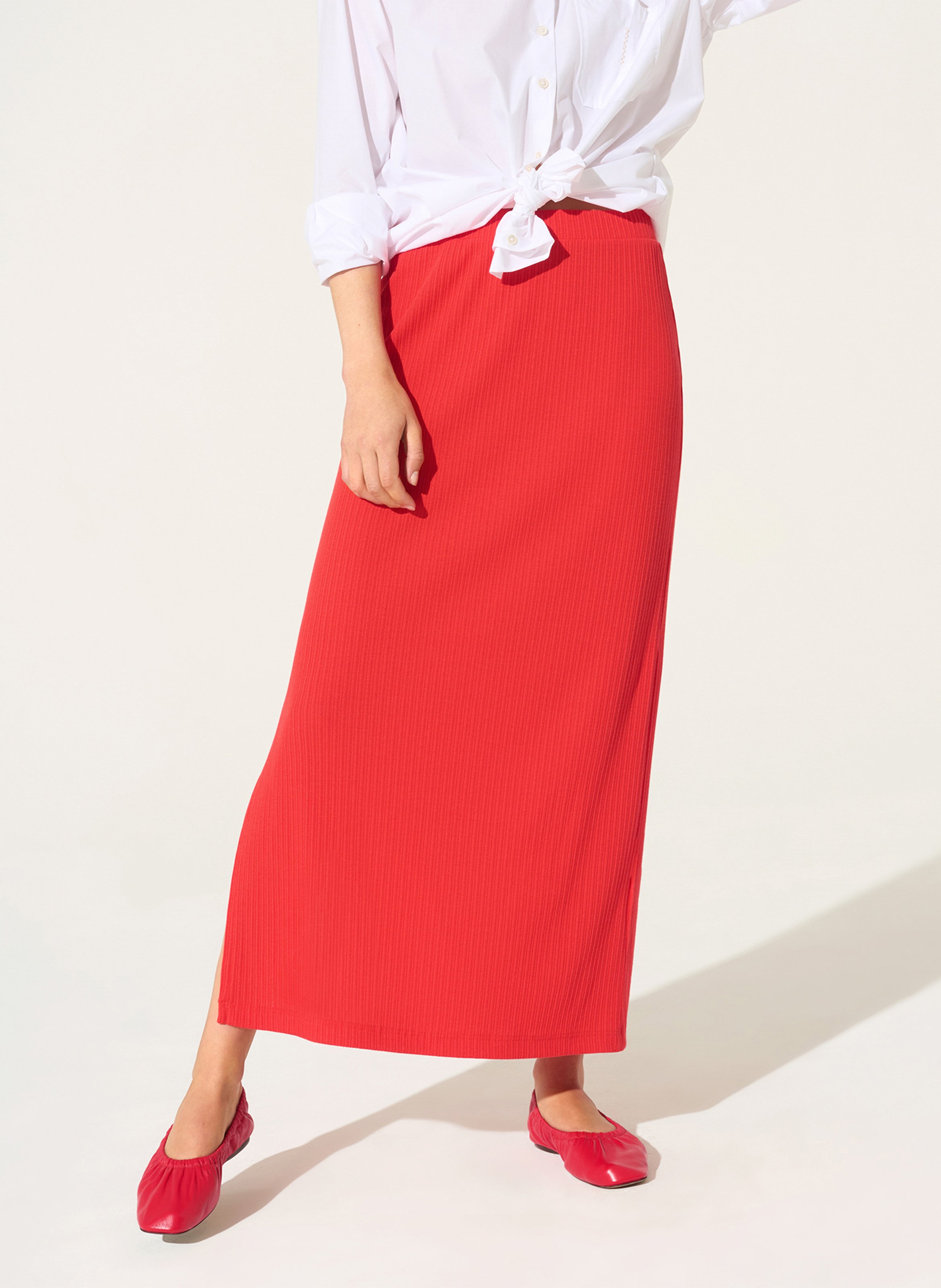 Jupe longue droite côtelée unie COTELAC ACOTE Rouge