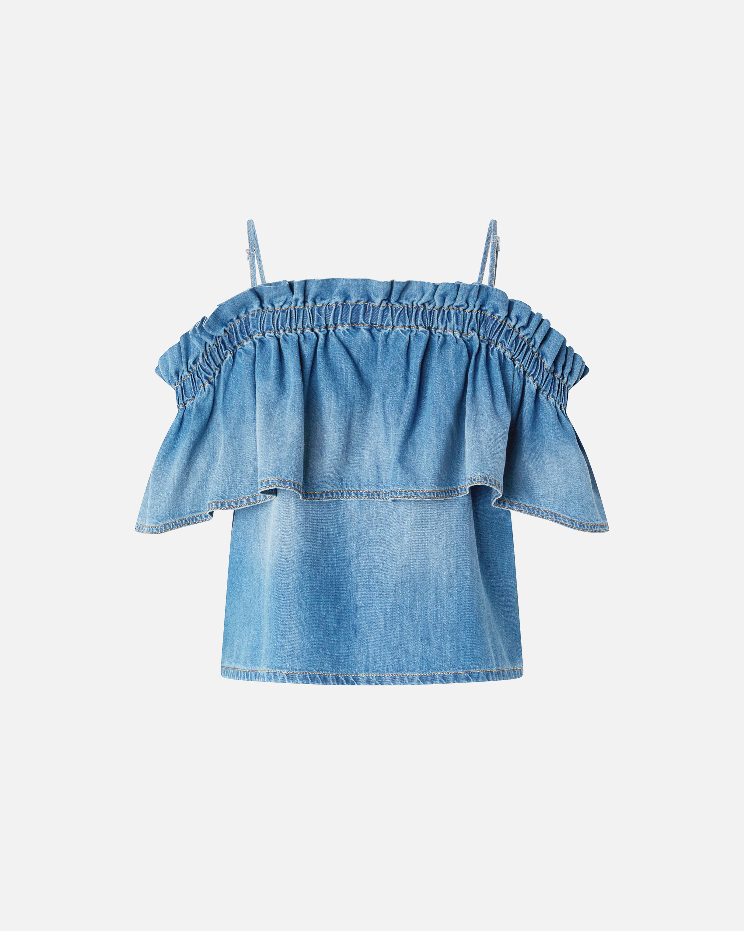 Top en denim à volants et épaules dénudées PINKO Bleu