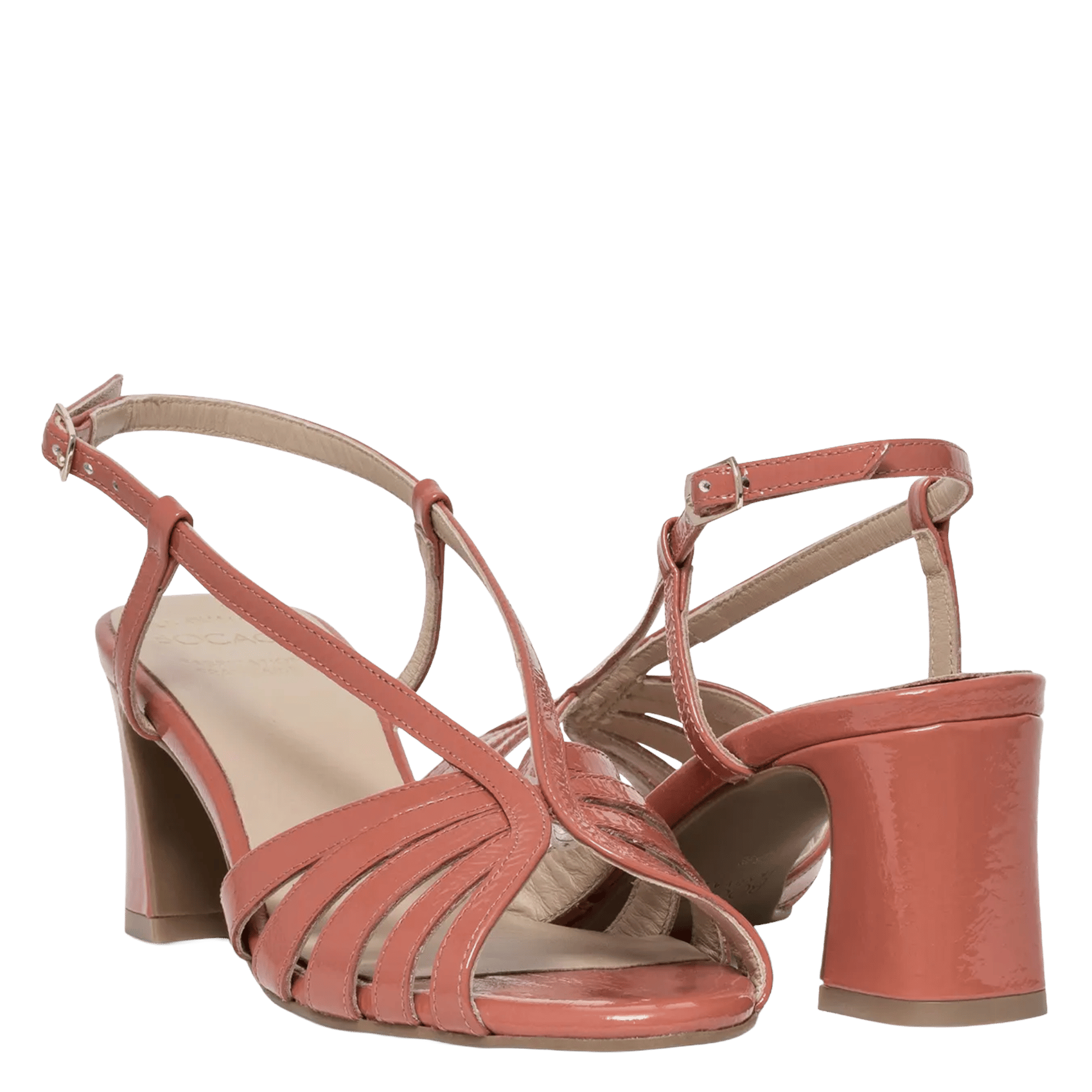 Ledersandalen mit Absatz, Metallic-Look Rosa