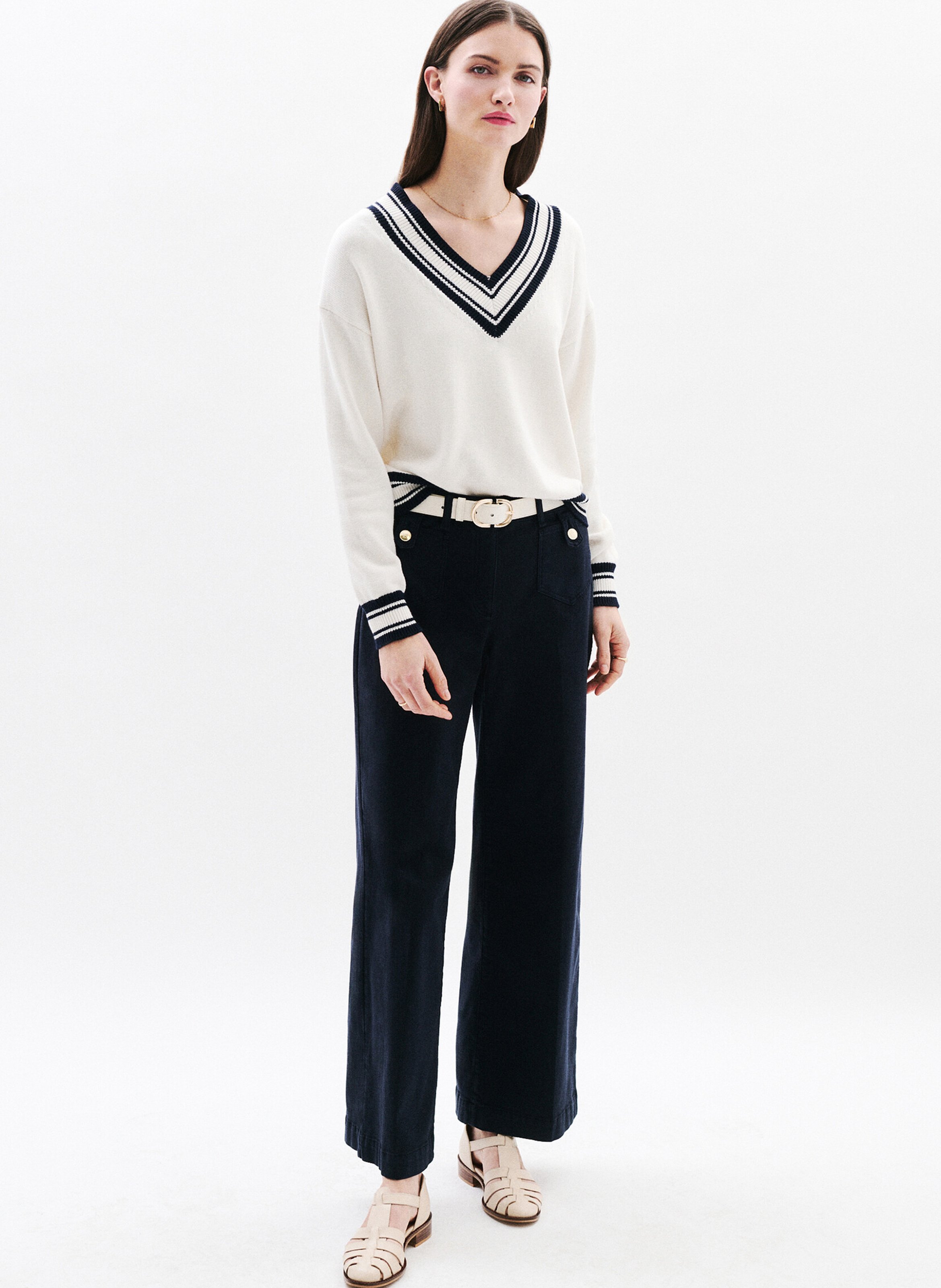 Straight V-neck cotton sweater CAROLL Beige