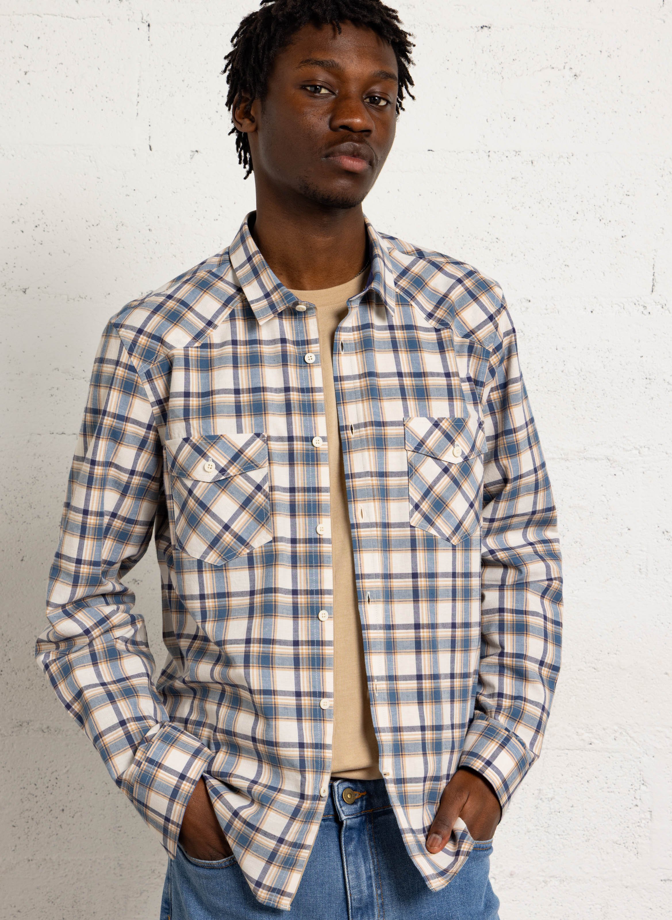 Chemise droite en coton et lin CHEVIGNON Bleu