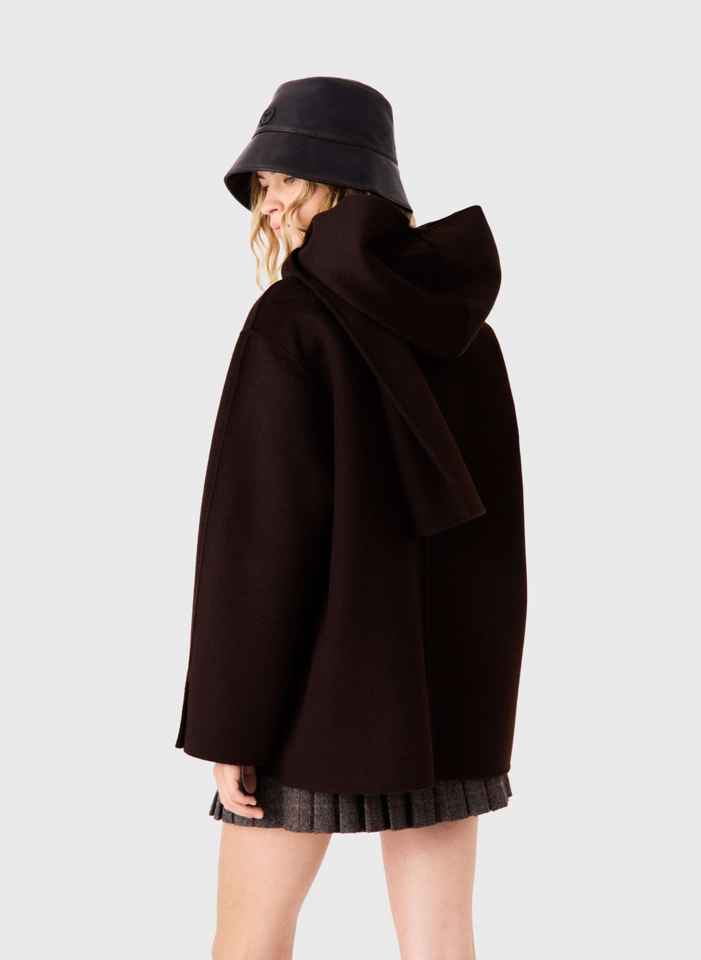 Manteau droit col rond à écharpe amovible en laine mélangée MAJE Marron