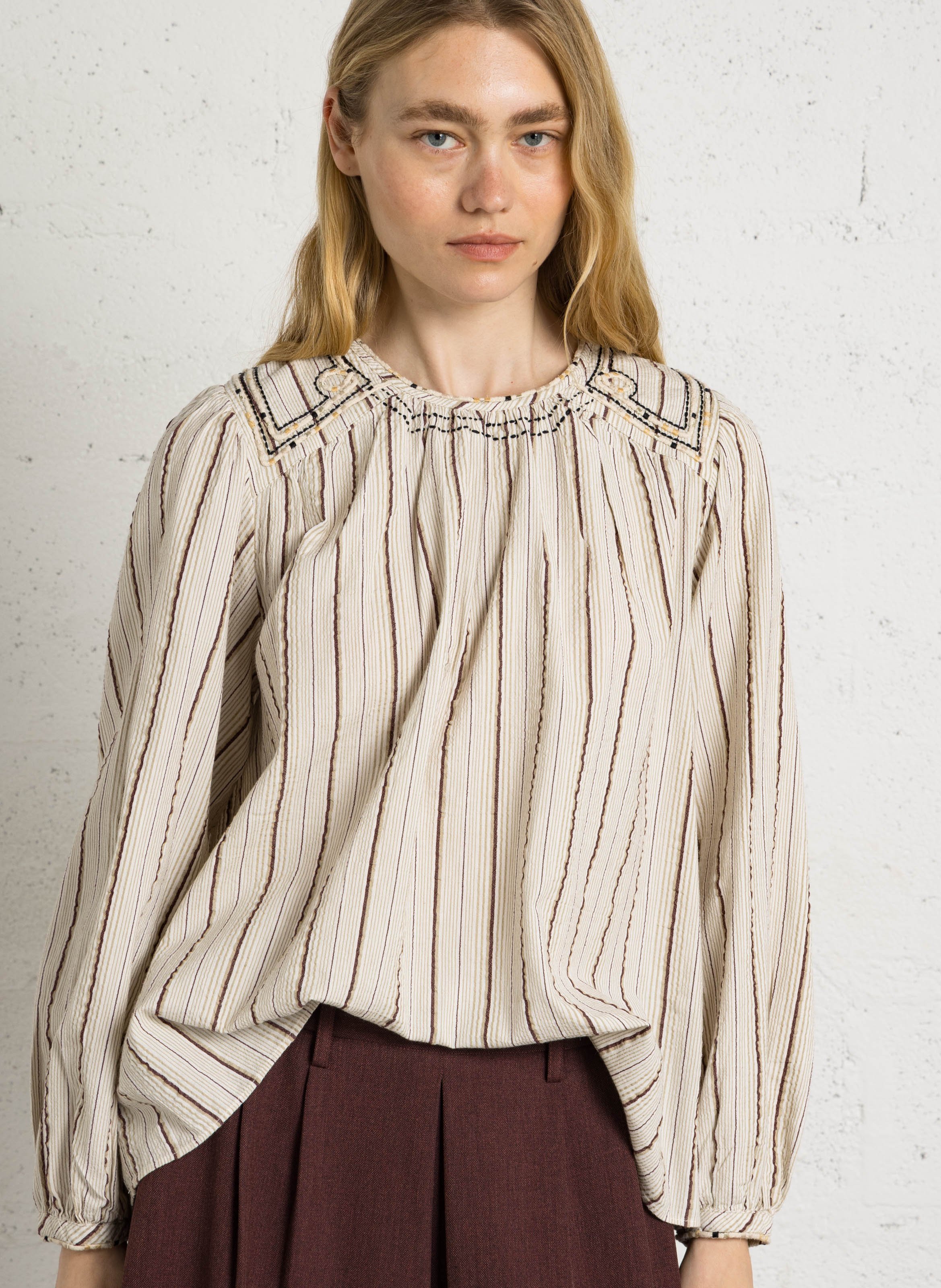 Top manches longues rayé en coton SUD EXPRESS Beige