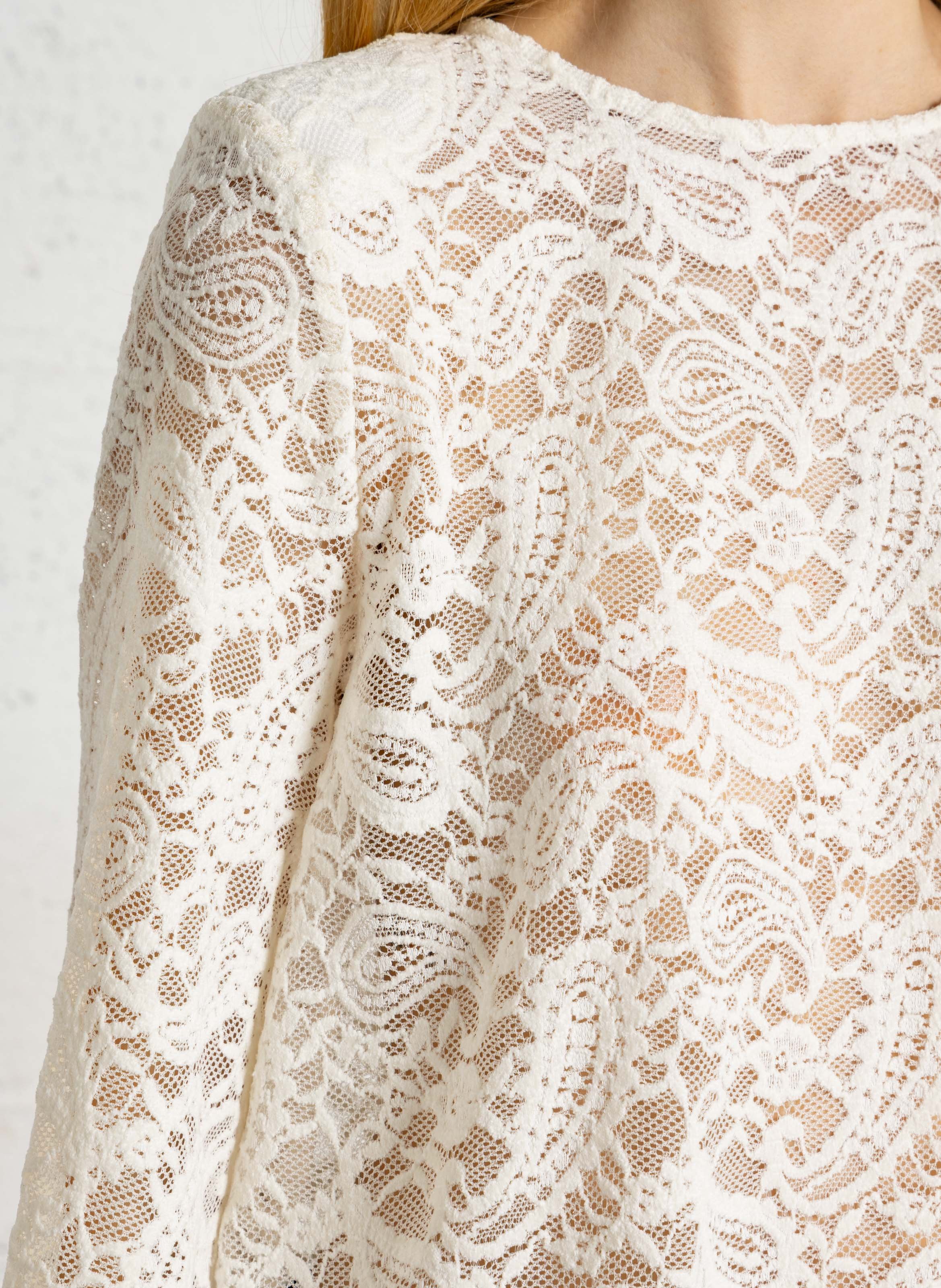 Top droit manches longues en dentelle PLEASE Beige