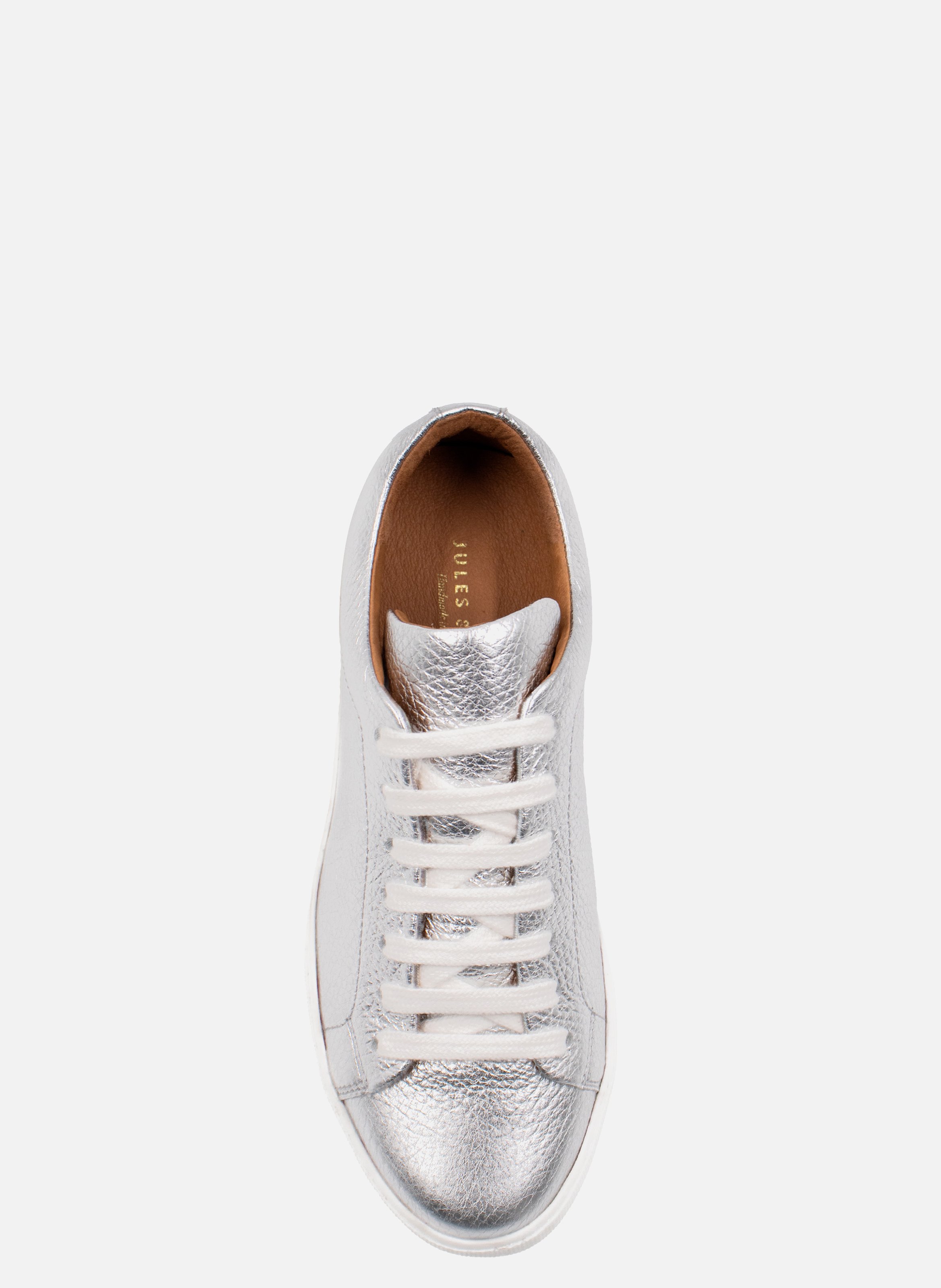 Lace-up metallic grained leather tennis shoes Silver