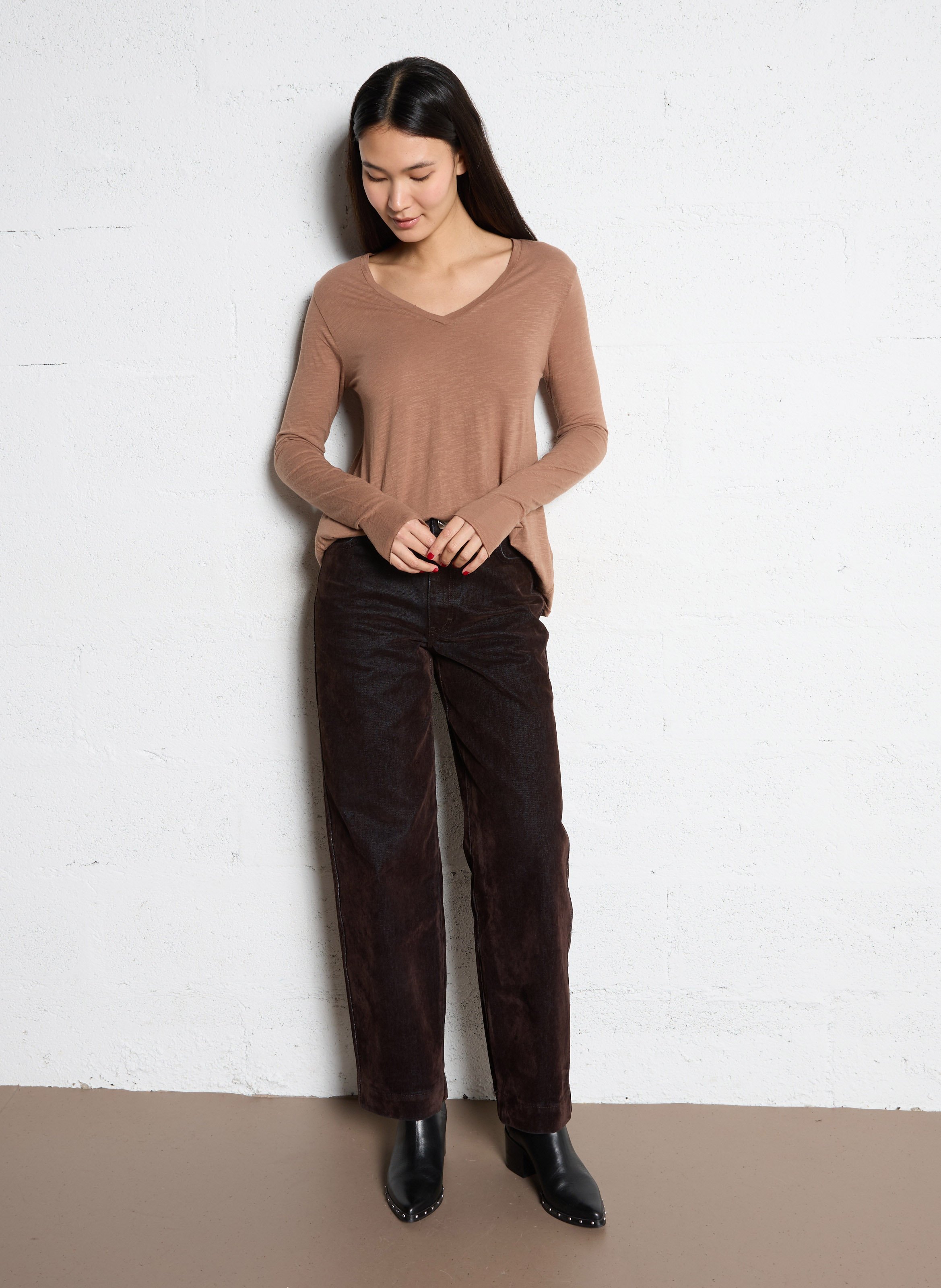 V-neck cotton-blend T-shirt AMERICAN VINTAGE Brown