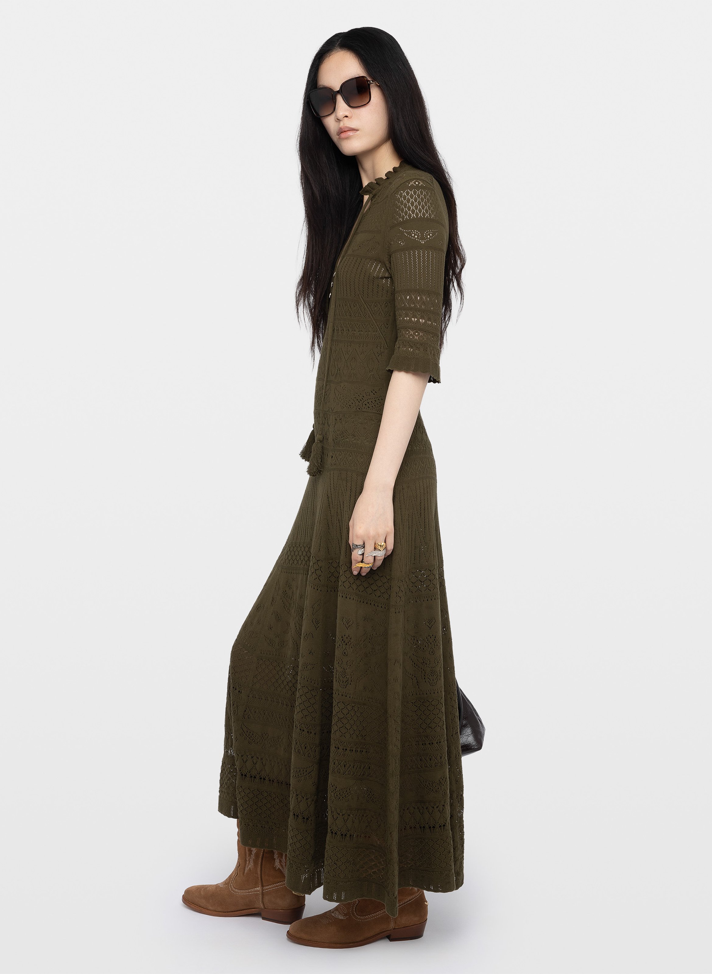 Lange, katoenen jurk met uitlopende rok en V-hals ZADIG&VOLTAIRE Groen