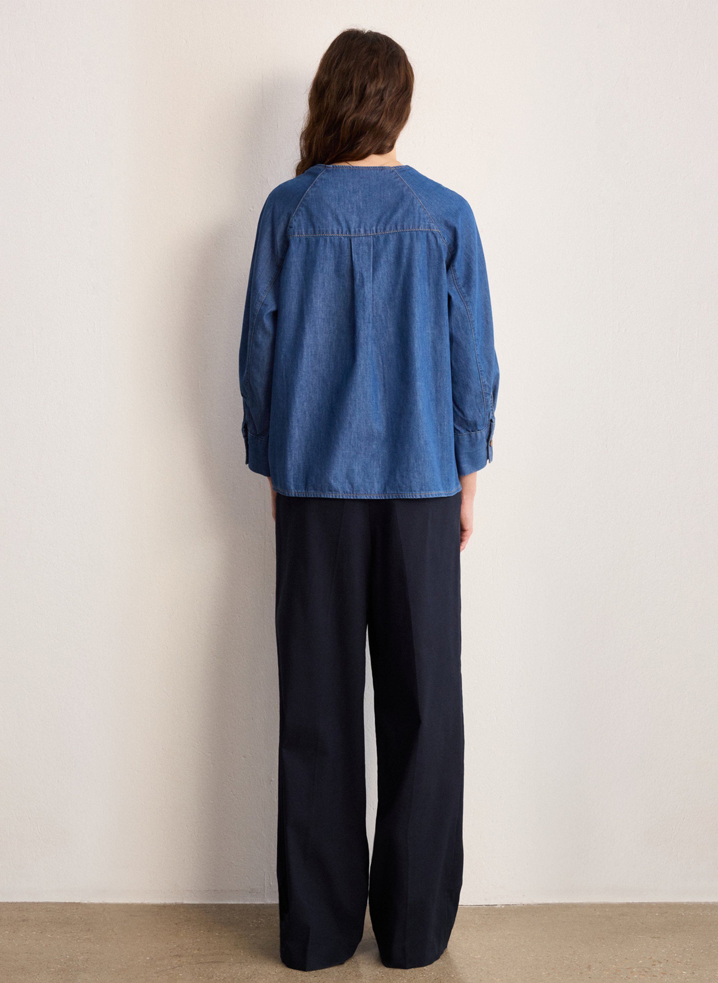 Straight cotton round-neck blouse PABLO Blue