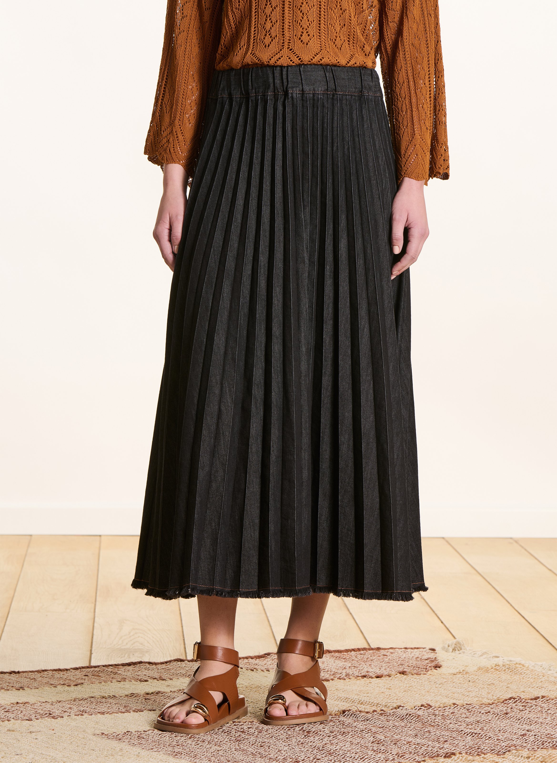 Jupe midi évasée en coton mélangé LA FEE MARABOUTEE Noir