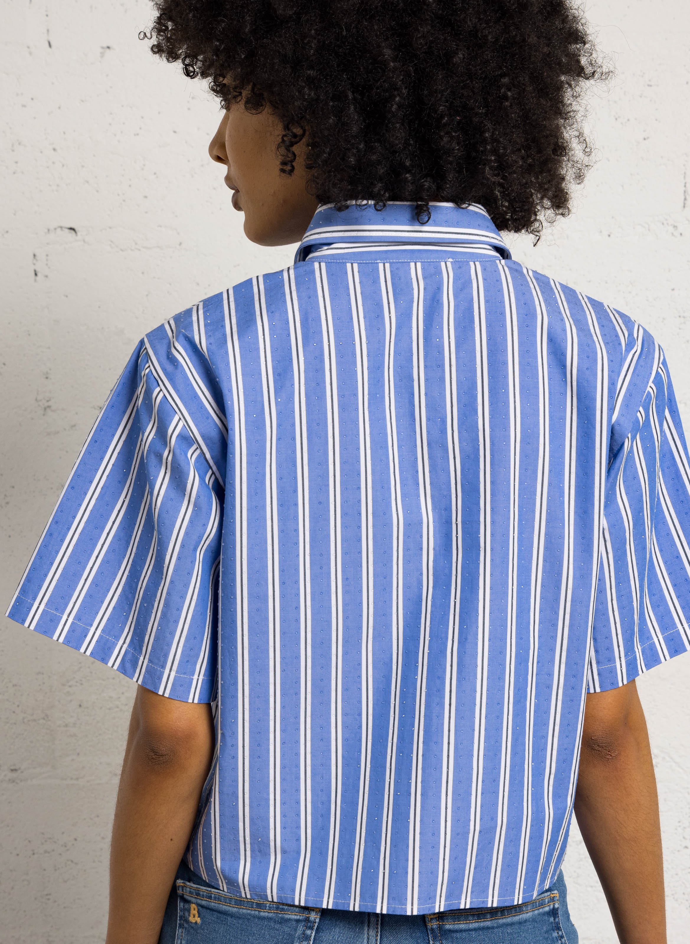 Camisa corta a rayas con strass BERENICE Azul
