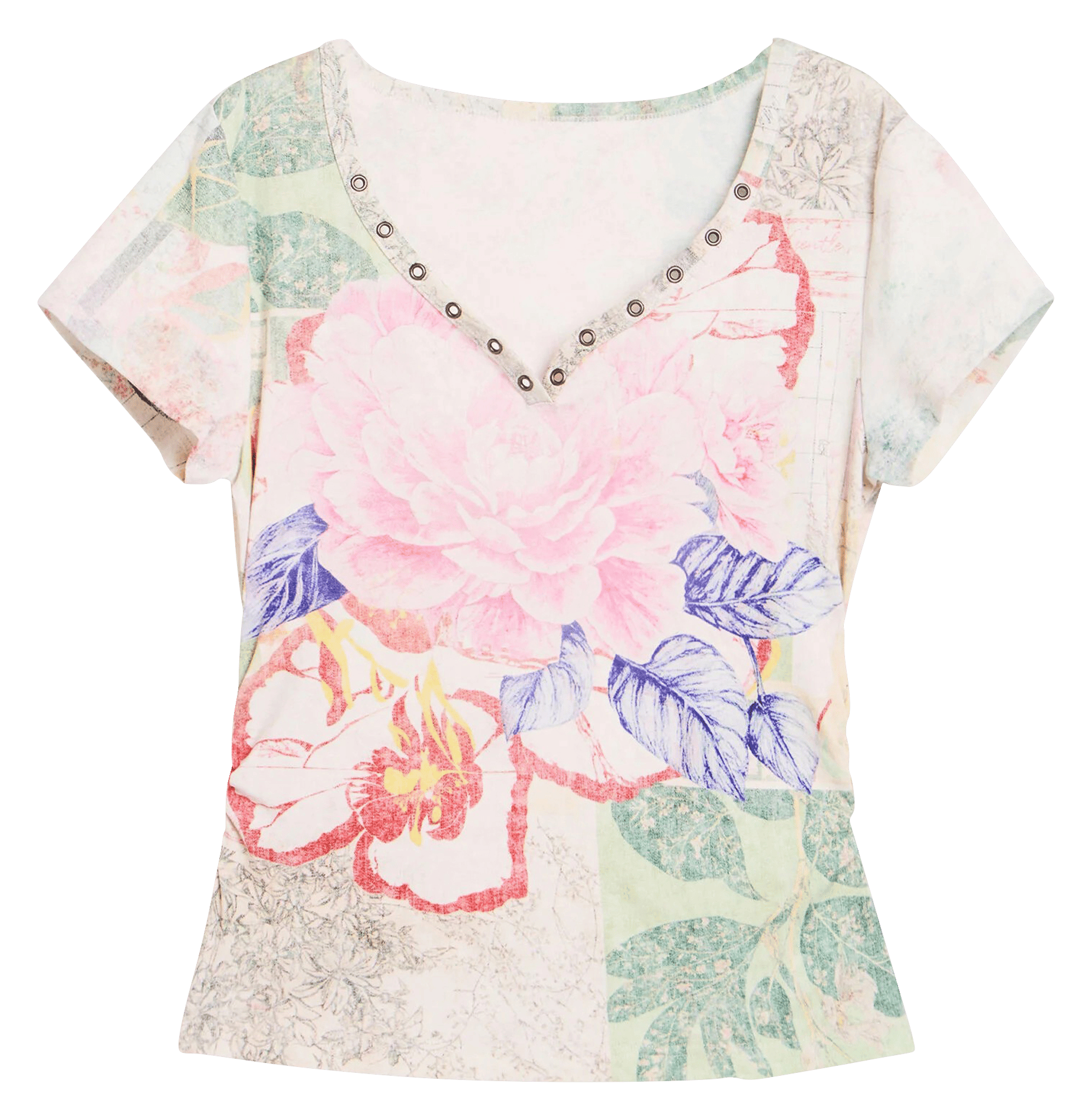 Tee-shirt droit col V en coton mélangé imprimé DESIGUAL Multicolore
