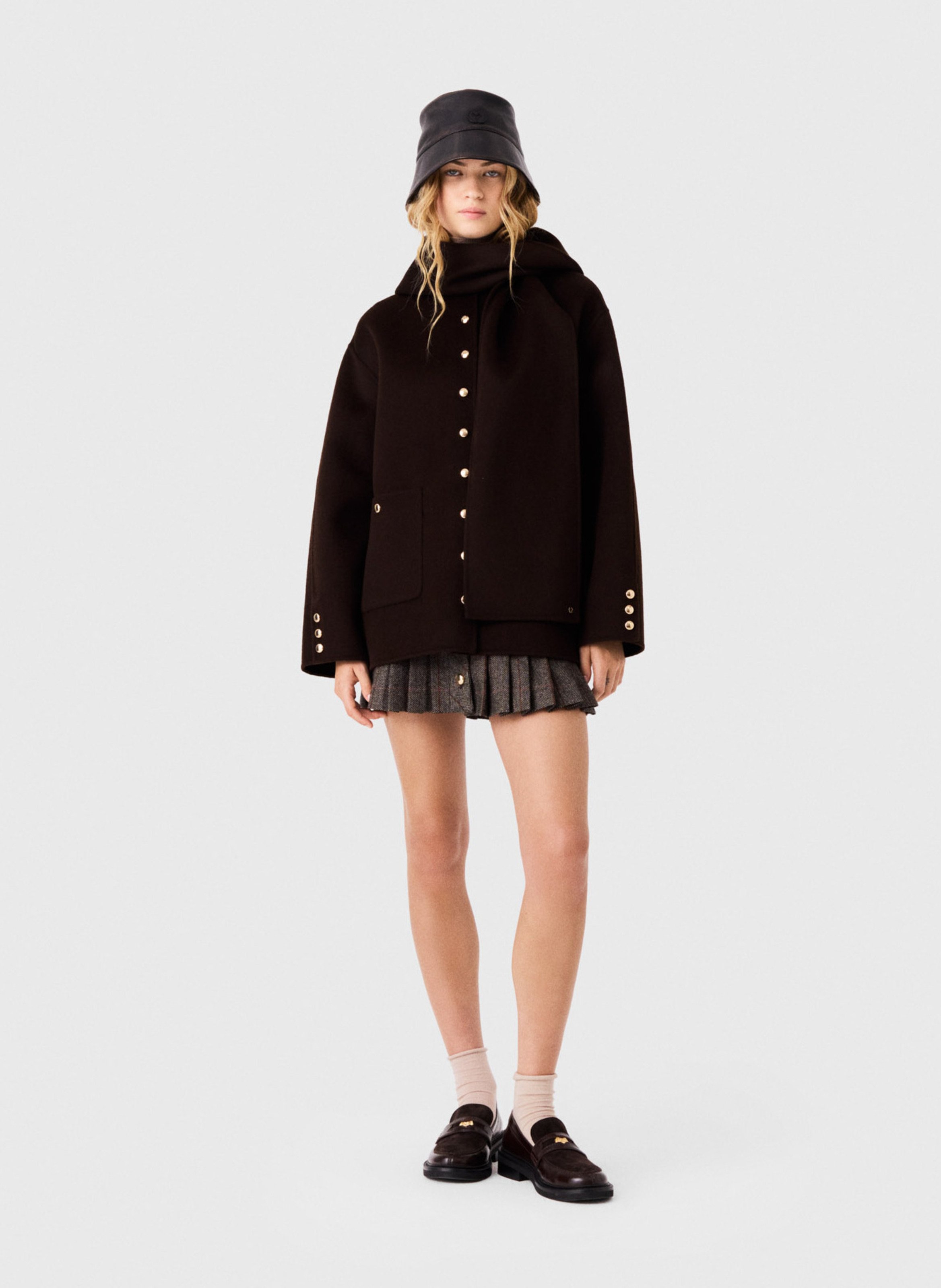 Manteau droit col rond à écharpe amovible en laine mélangée MAJE Marron