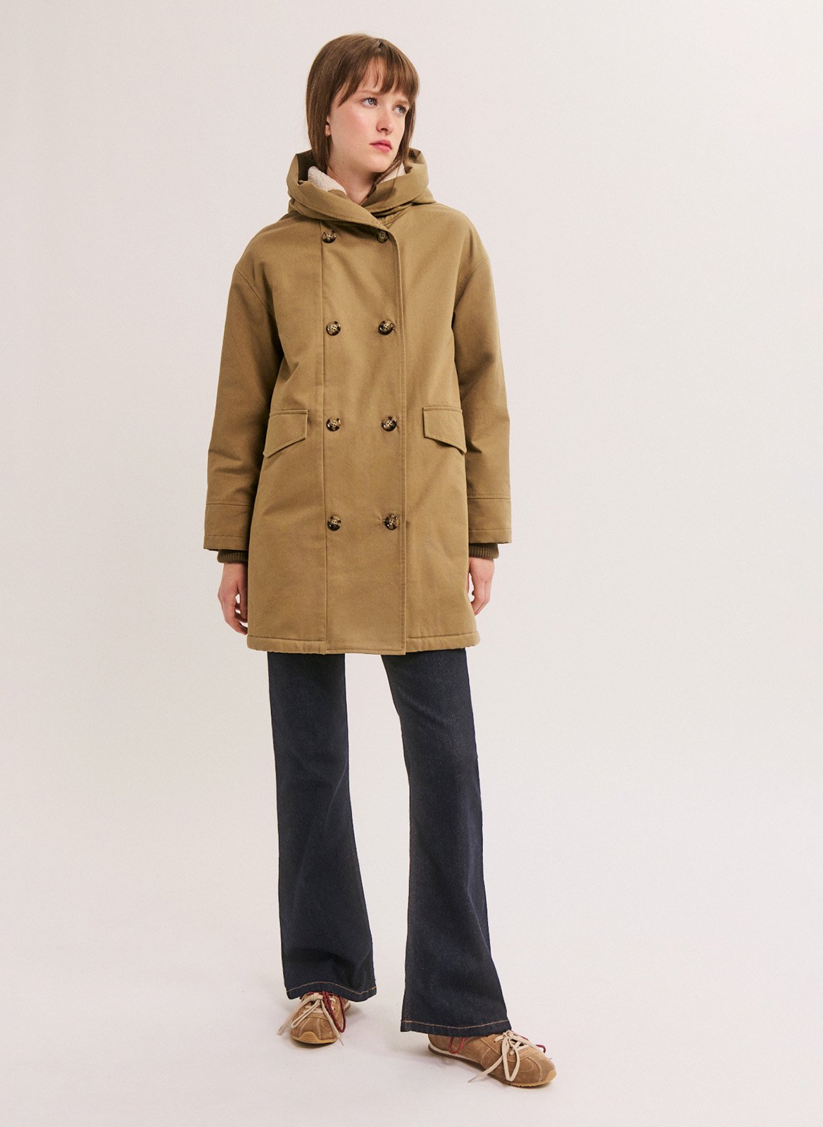 Parka droite col capuche en coton PABLO Kaki