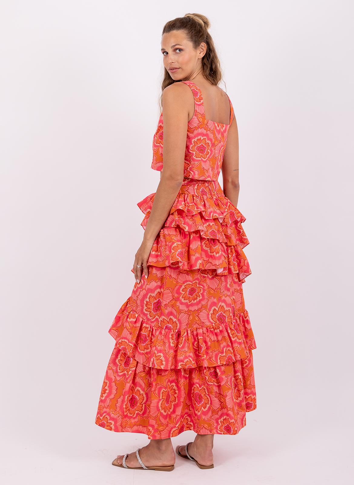 Jupe longue imprimée à volants asymétriques SUNDRESS Rose