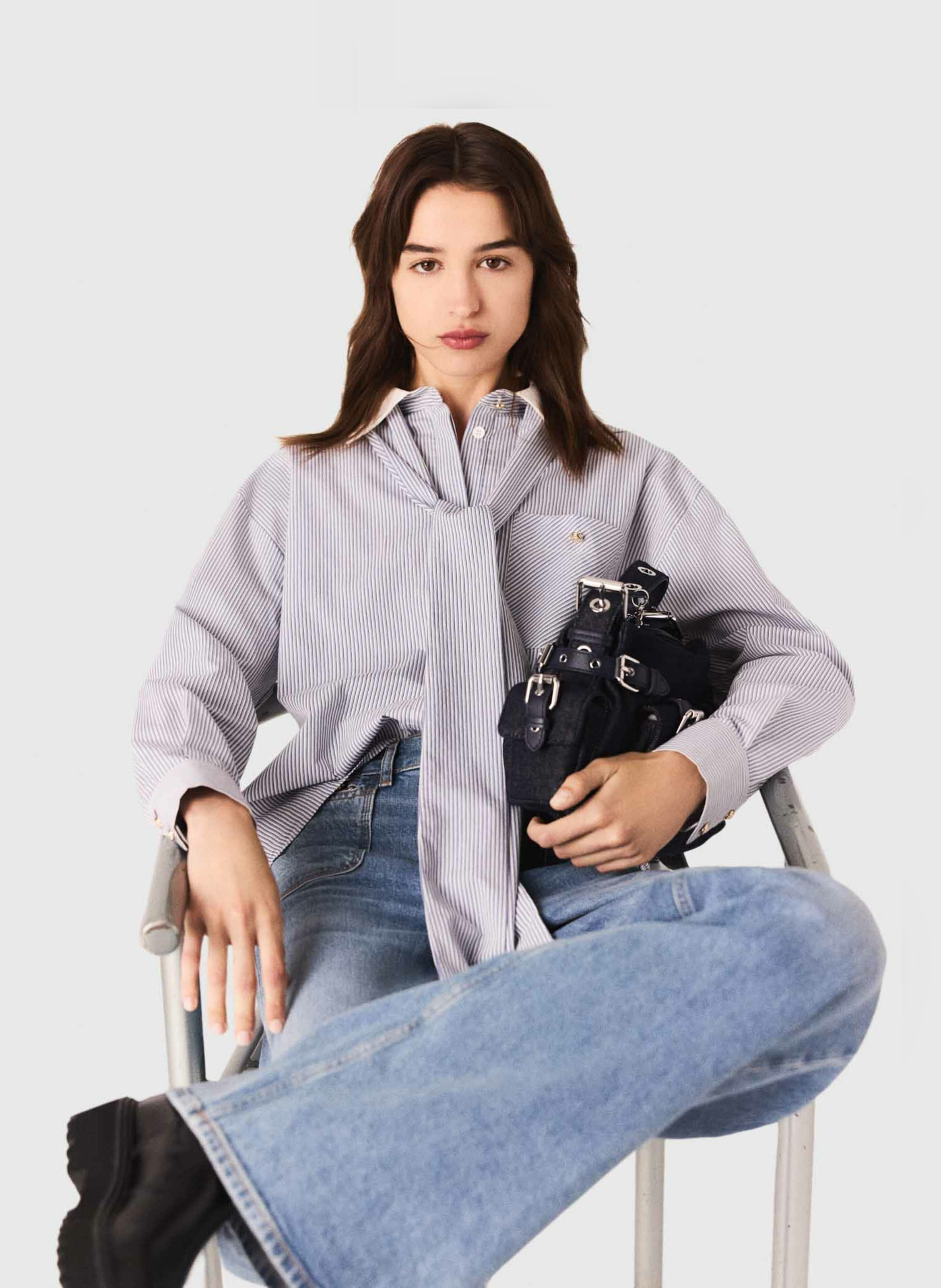 Cotton blend pussy bow shirt MAJE Blue