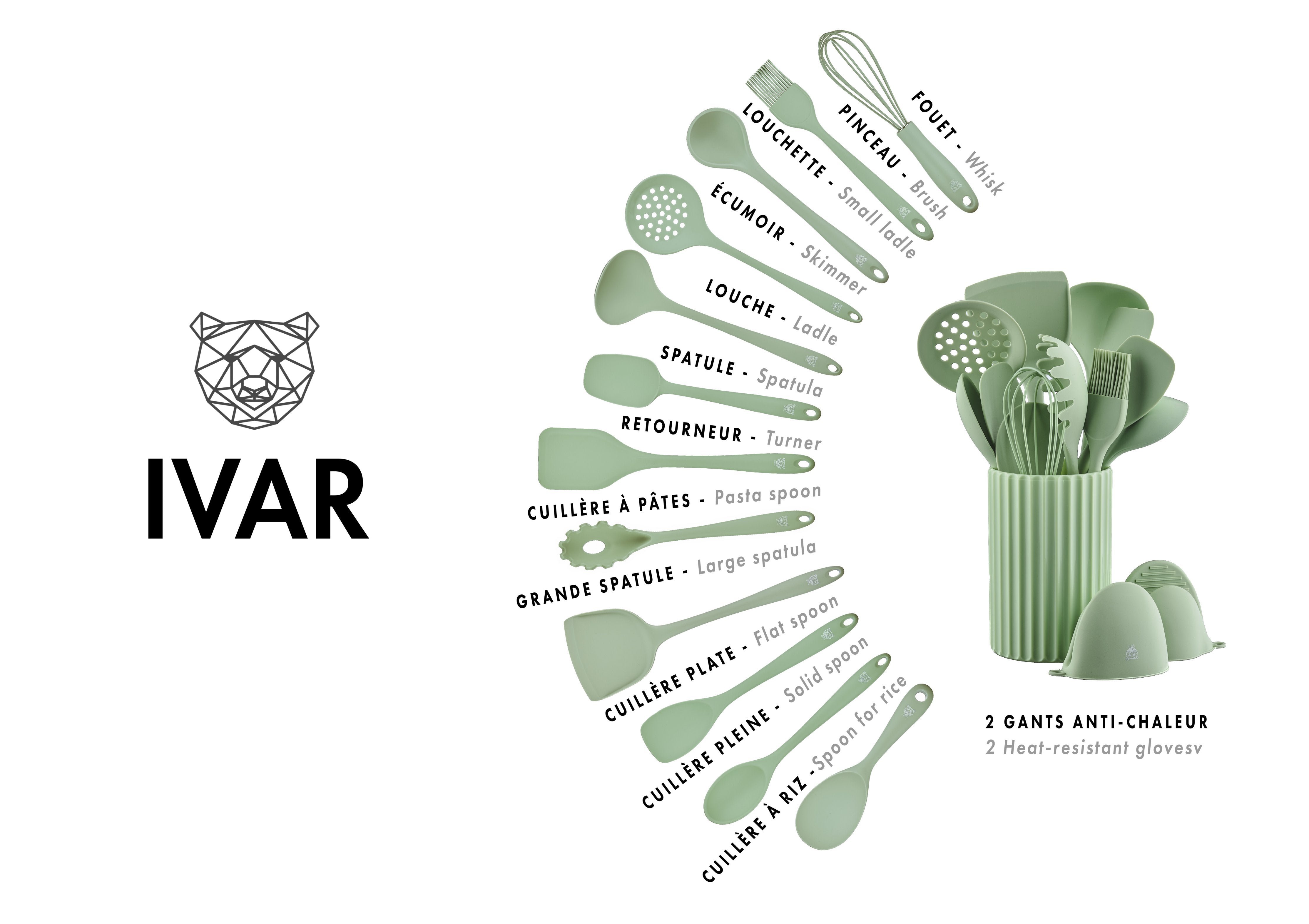 Ivar Silicone Kitchen Utensil Set - 15 Pieces BJORN Green